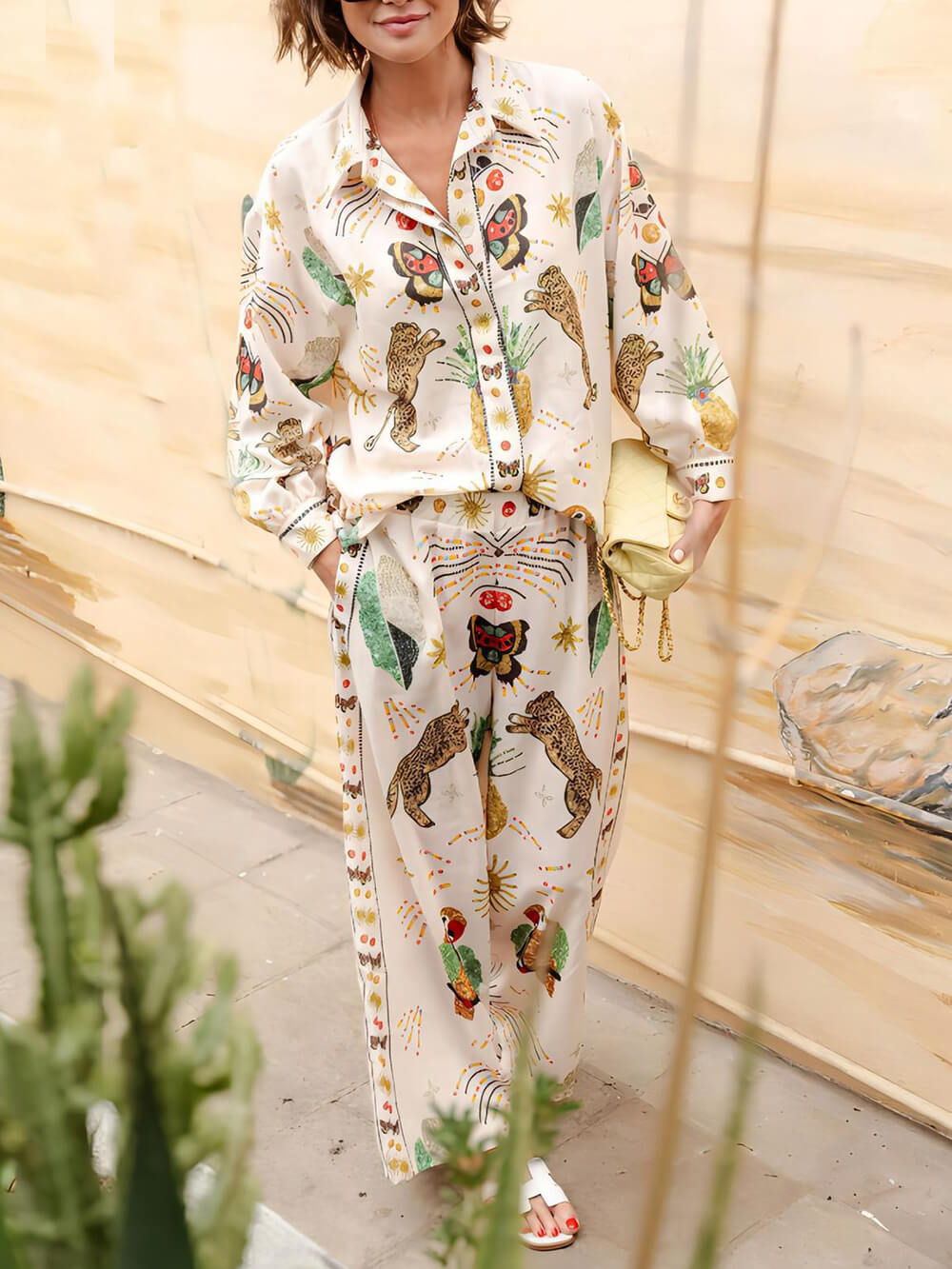 Fashionable Tiger Print Linen Loose Button-Up Shirt