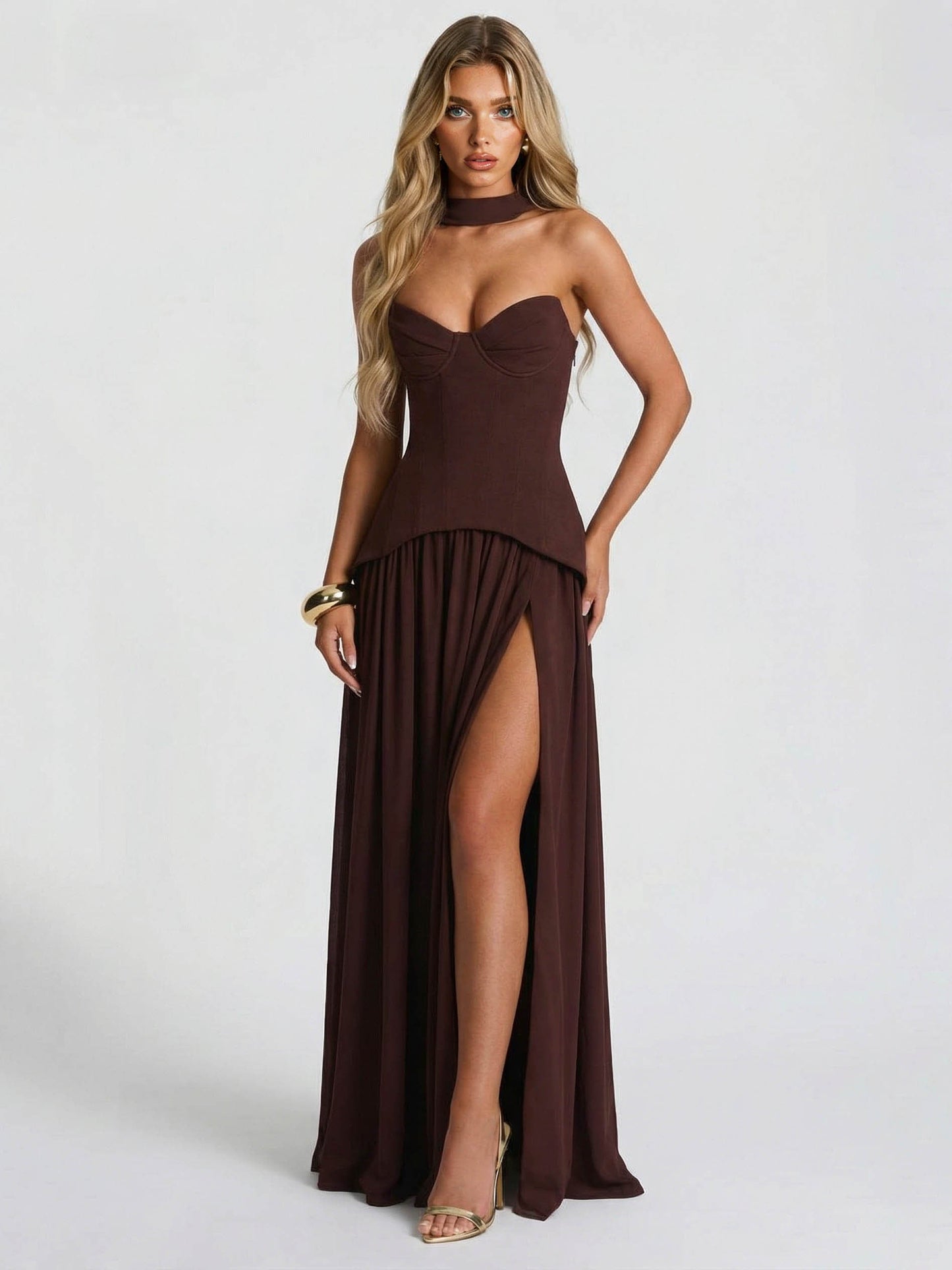 Elegant Sweetheart Neck High Slit Party Maxi Dress Brown