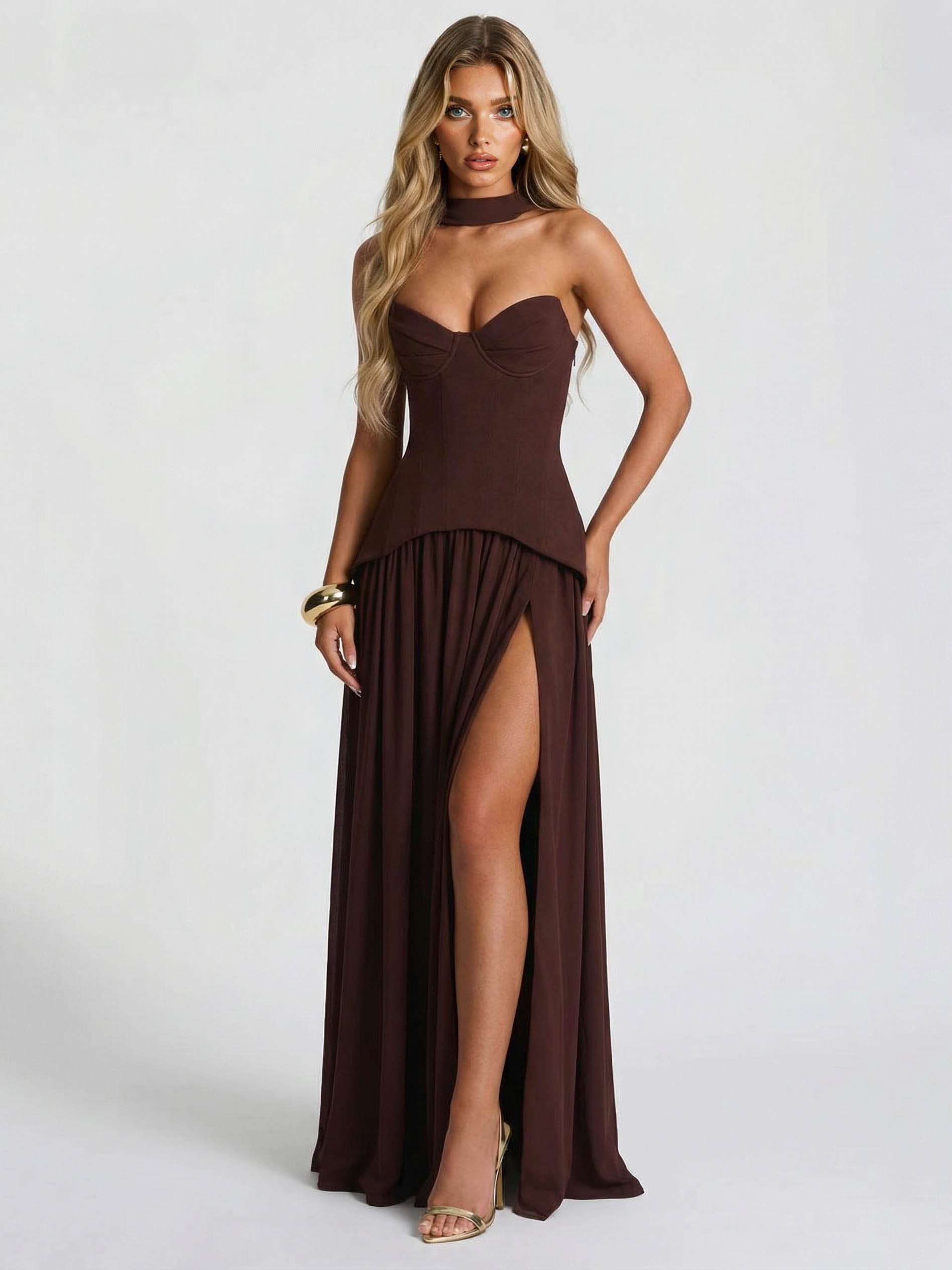 Elegant Sweetheart Neck High Slit Party Maxi Dress Brown