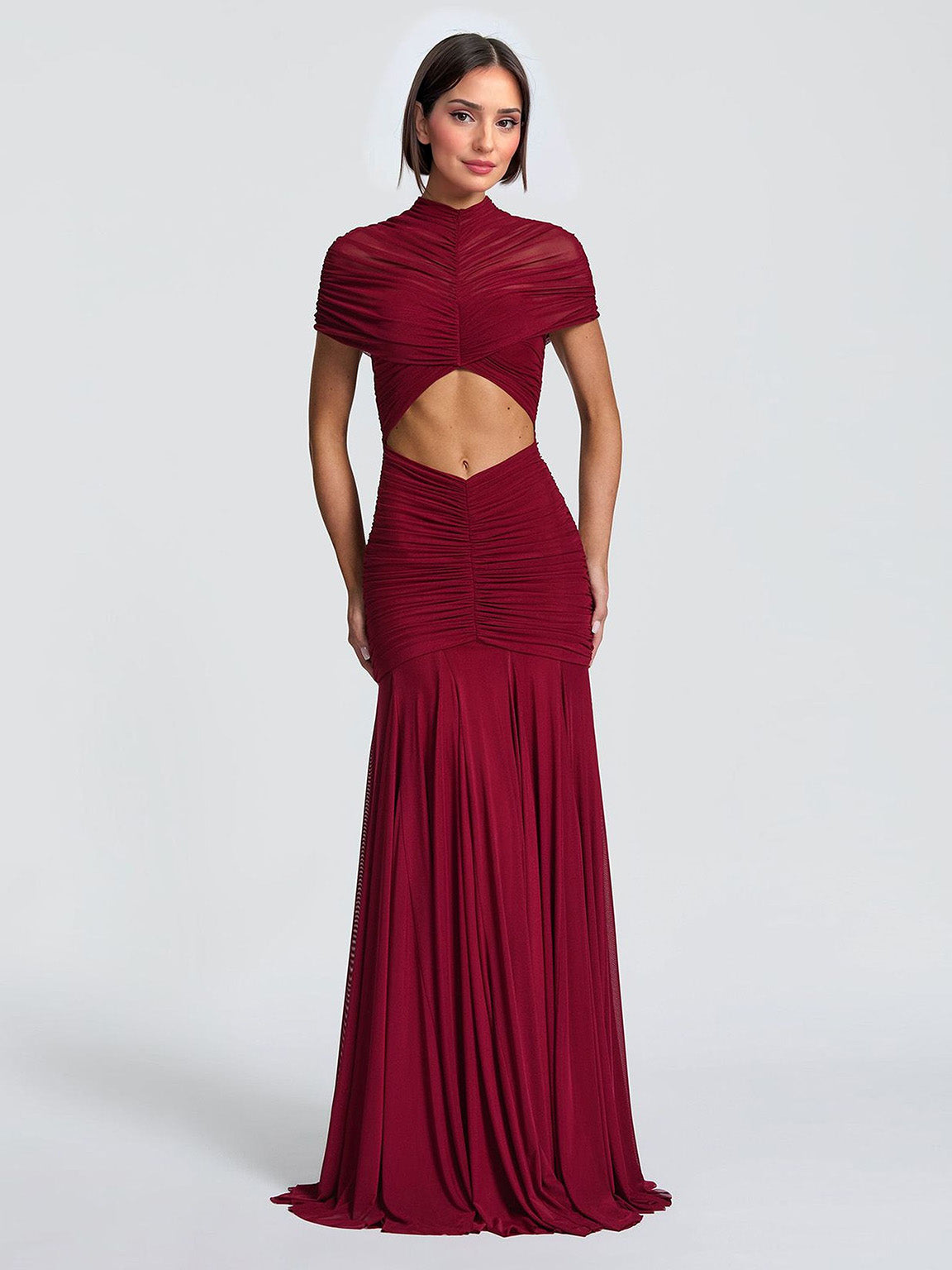 Mesh Pleated Short-sleeved Cutout Maxi Dress Red