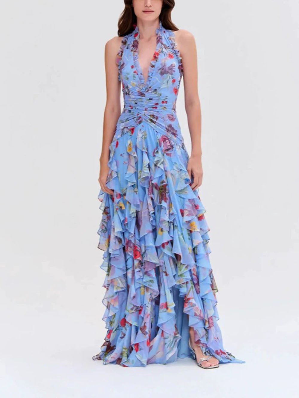 Fashionable Printed Pleated Waist-cinching Dress Blue