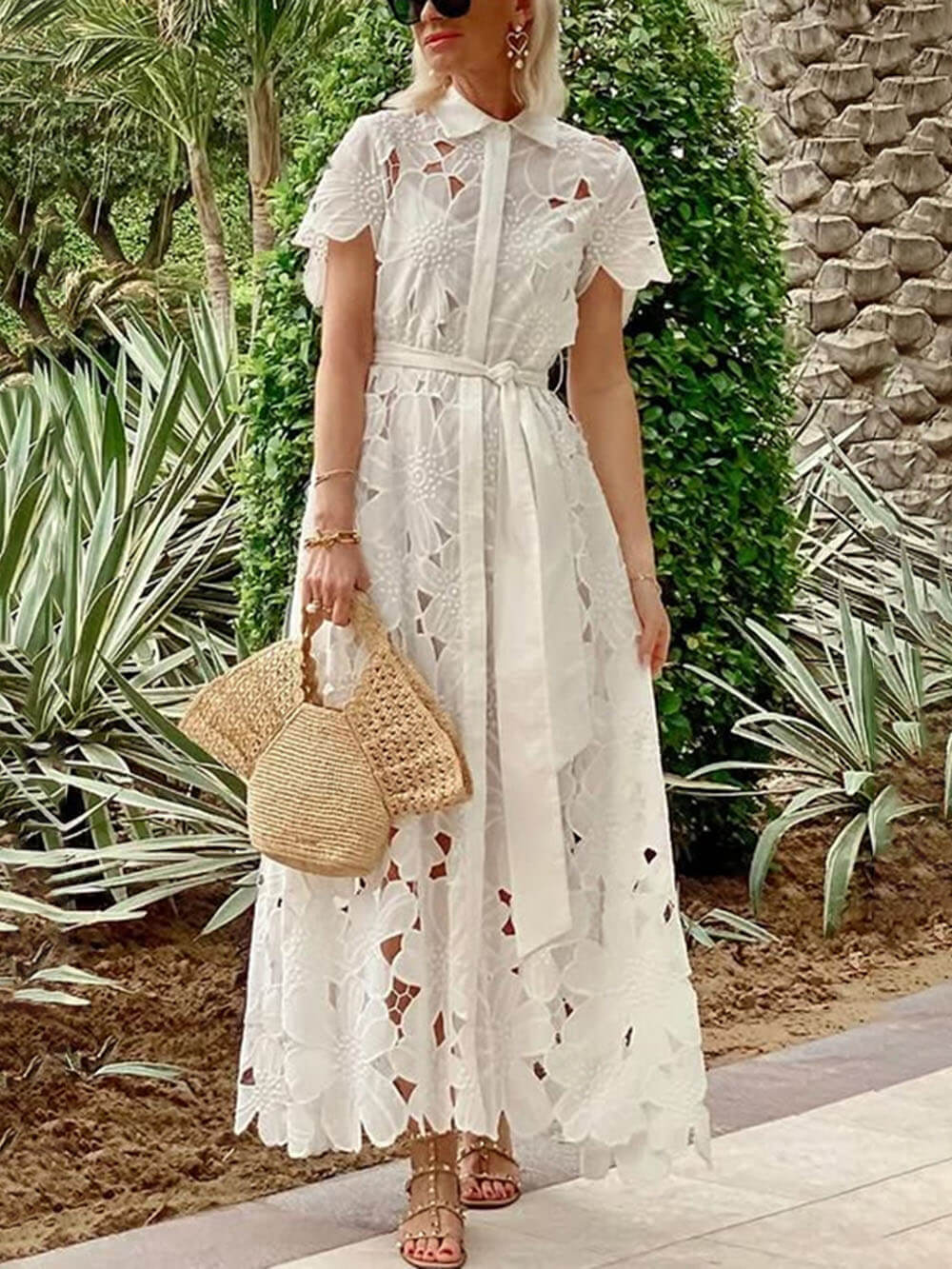 Summer Casual Lace Cardigan Single-Breasted Maxi Dress White