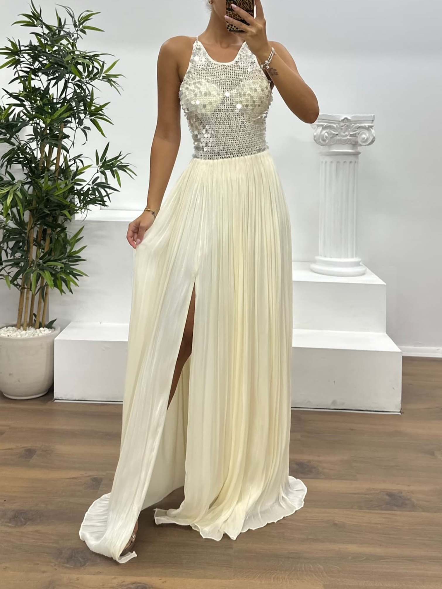 Elegant Sequined Pleated High Slit Maxi Dress Cream