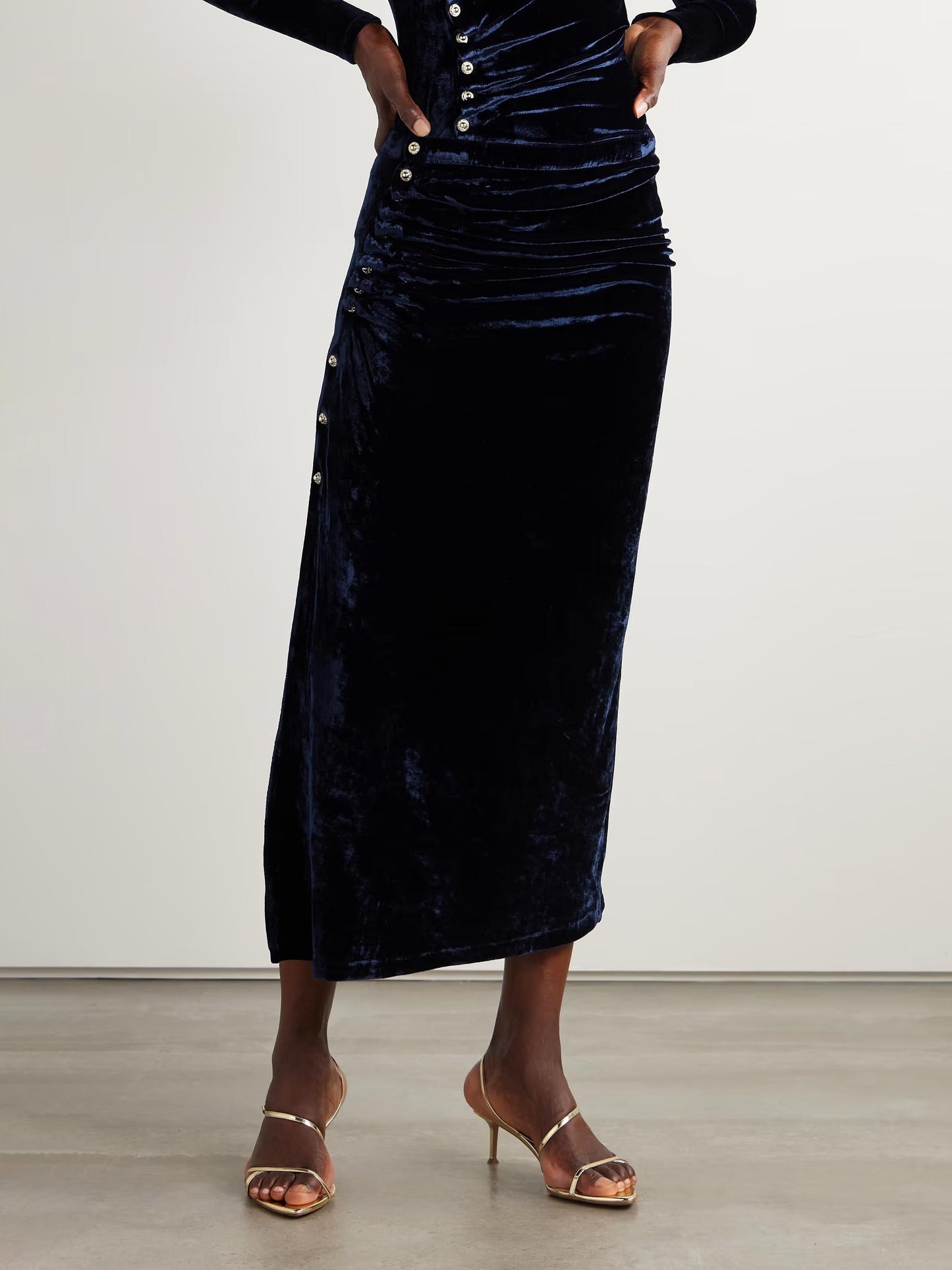 Elegant Pleated Velvet Snap Button Slit Skirt Dark Blue
