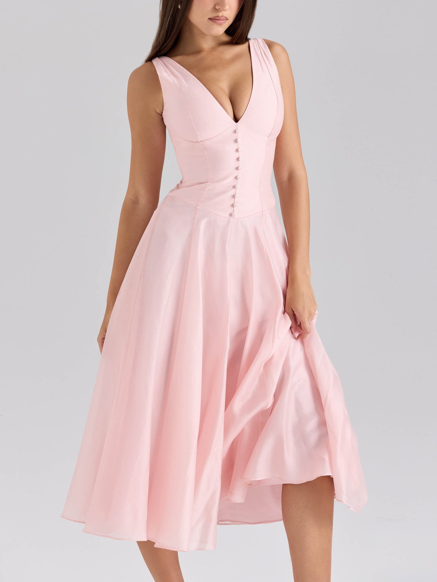 Elegant V-neck Chiffon Button Midi Dress Pink