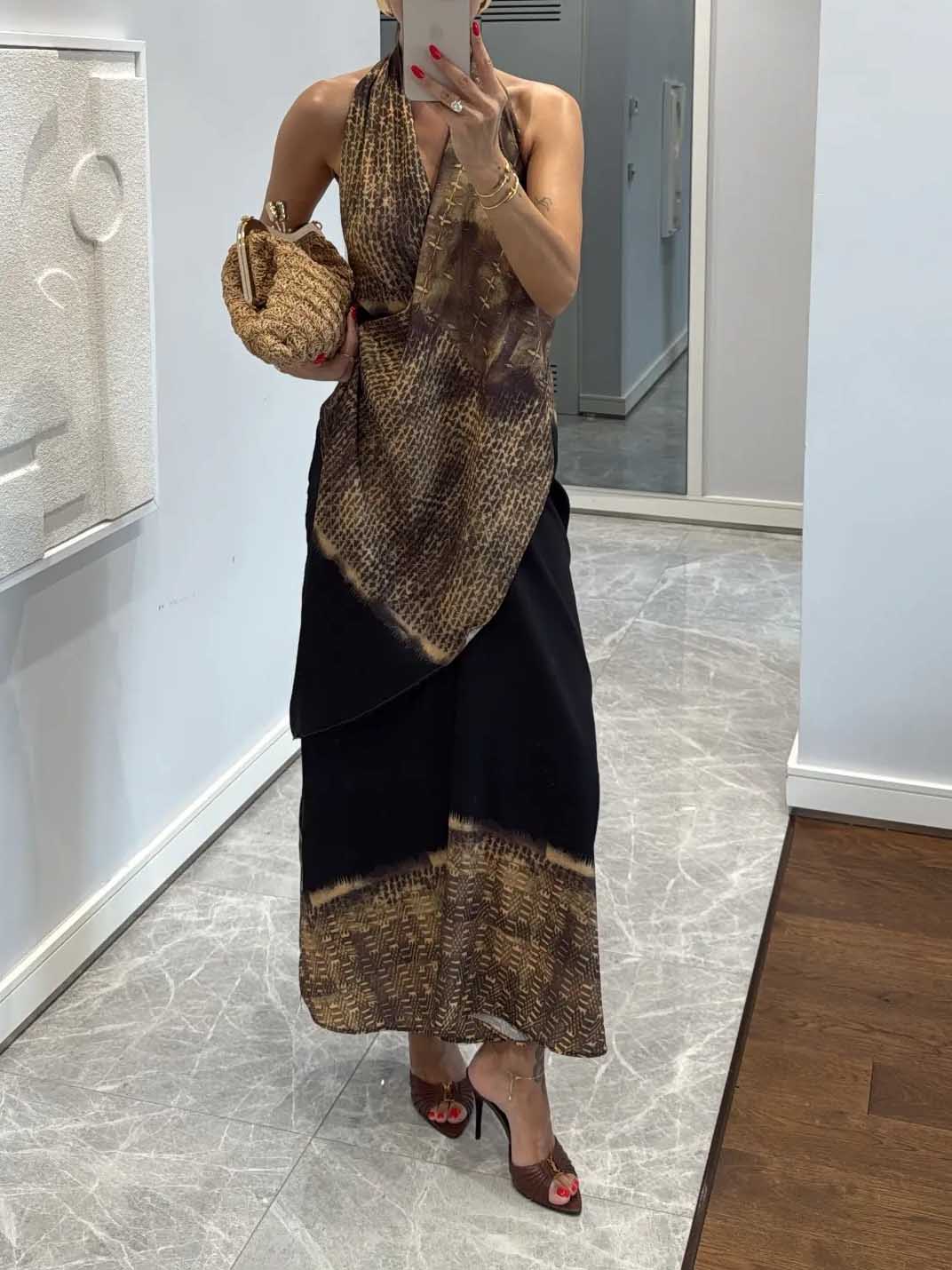 Back-inspired Gradient Print Asymmetrical Draped Maxi Dress Black