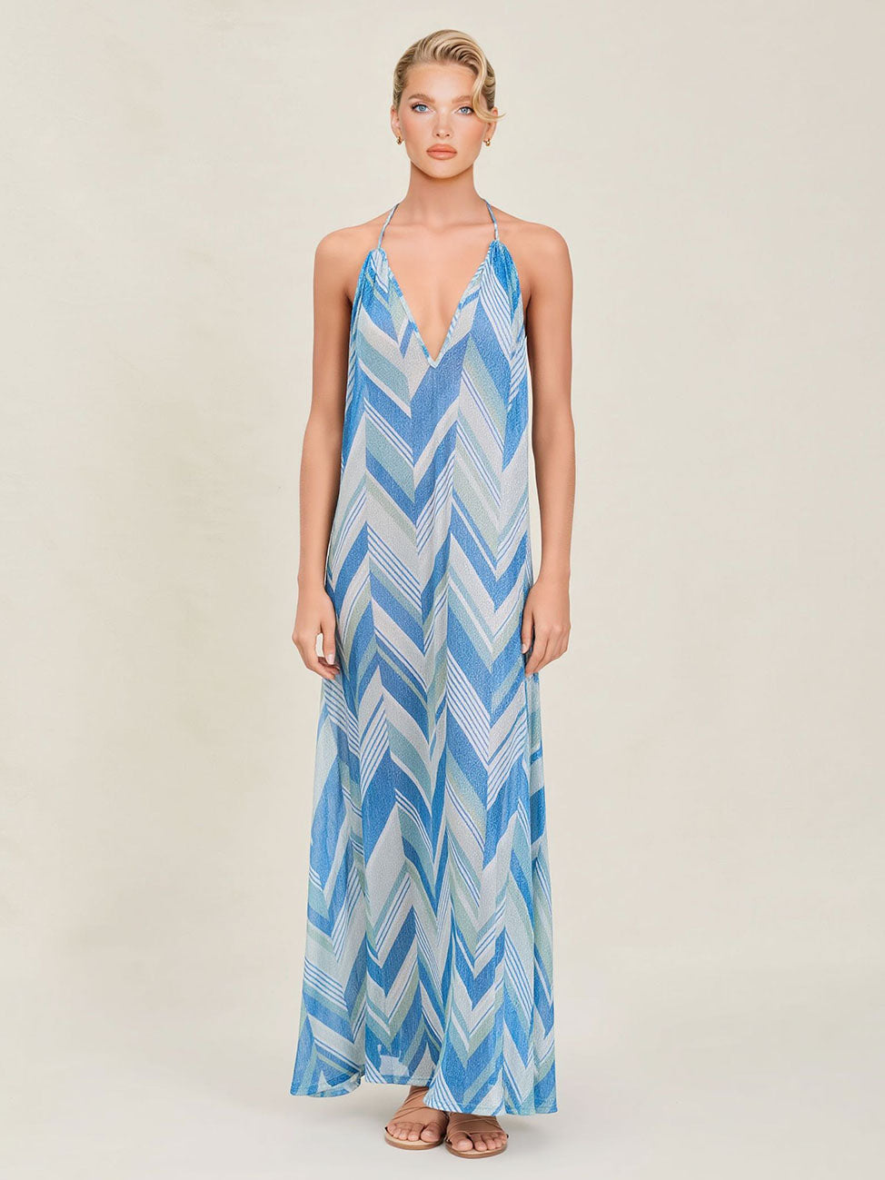Bohemian Chevron Print Halter Maxi Dress Blue