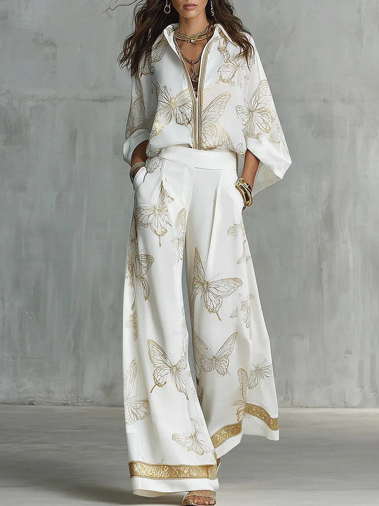 Elegant Butterfly Print Zip-Up Top & Wide Leg Pants Set White Set