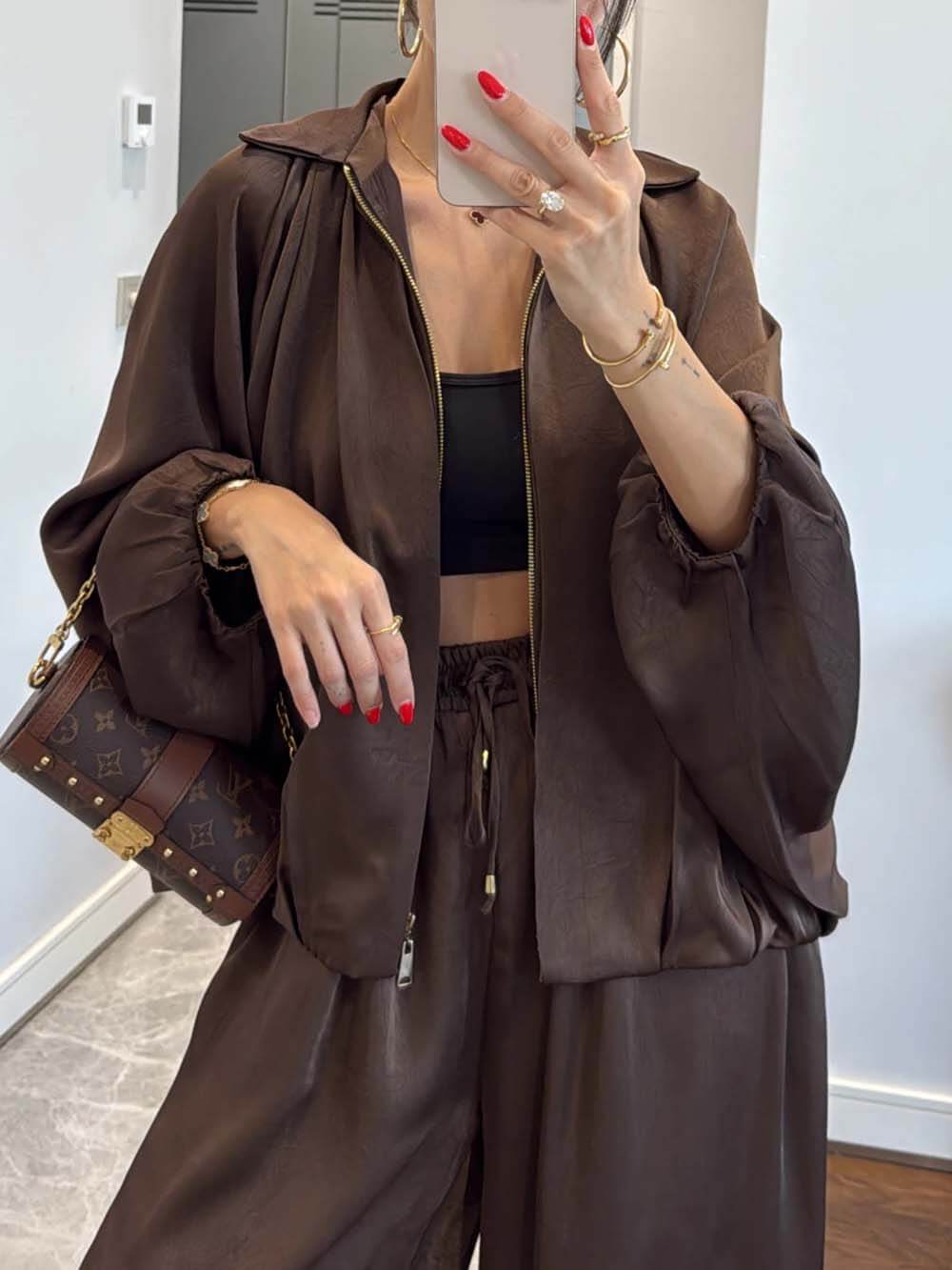 Elegant Satin Bomber Loose Jacket Brown