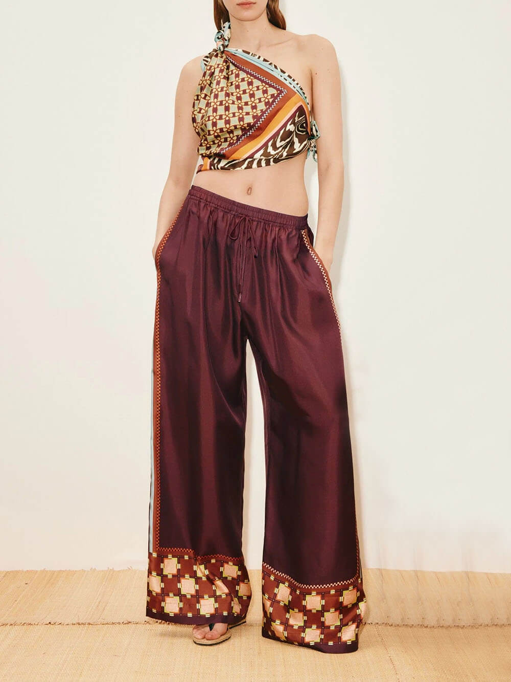 Unique Paisley Color-Block Satin Elastic Waist Wide-Leg Pants