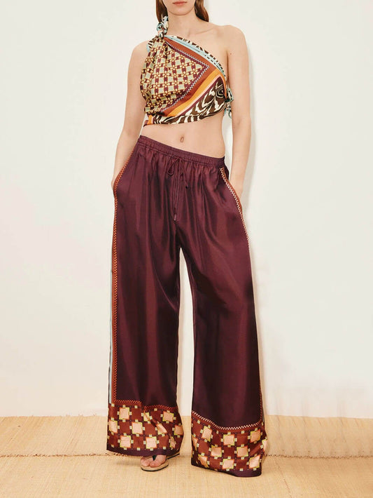 Unique Paisley Color-Block Satin Elastic Waist Wide-Leg Pants