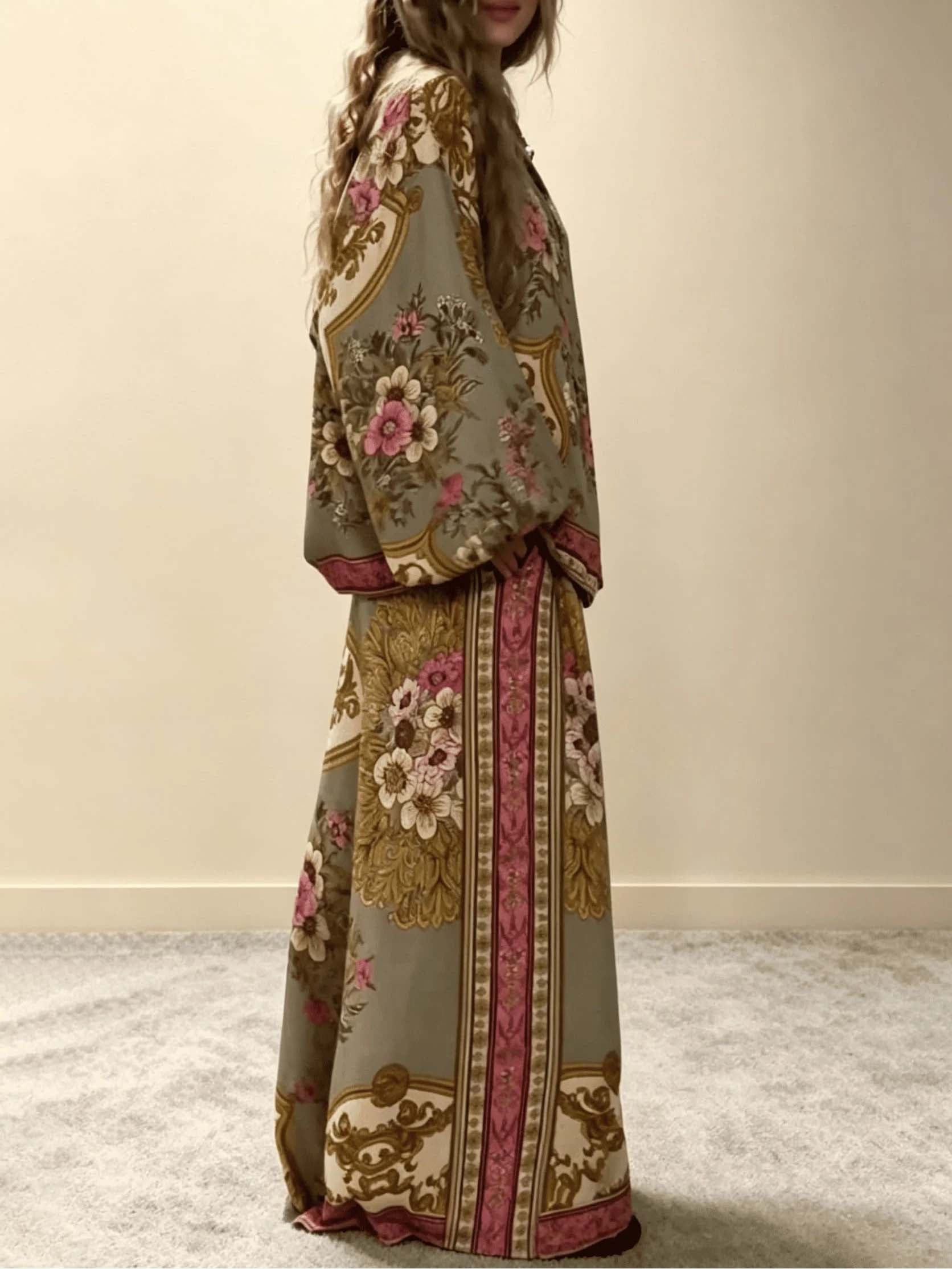 Retro Floral Baroque Print Satin Shirt & Wide-Leg Pants Set