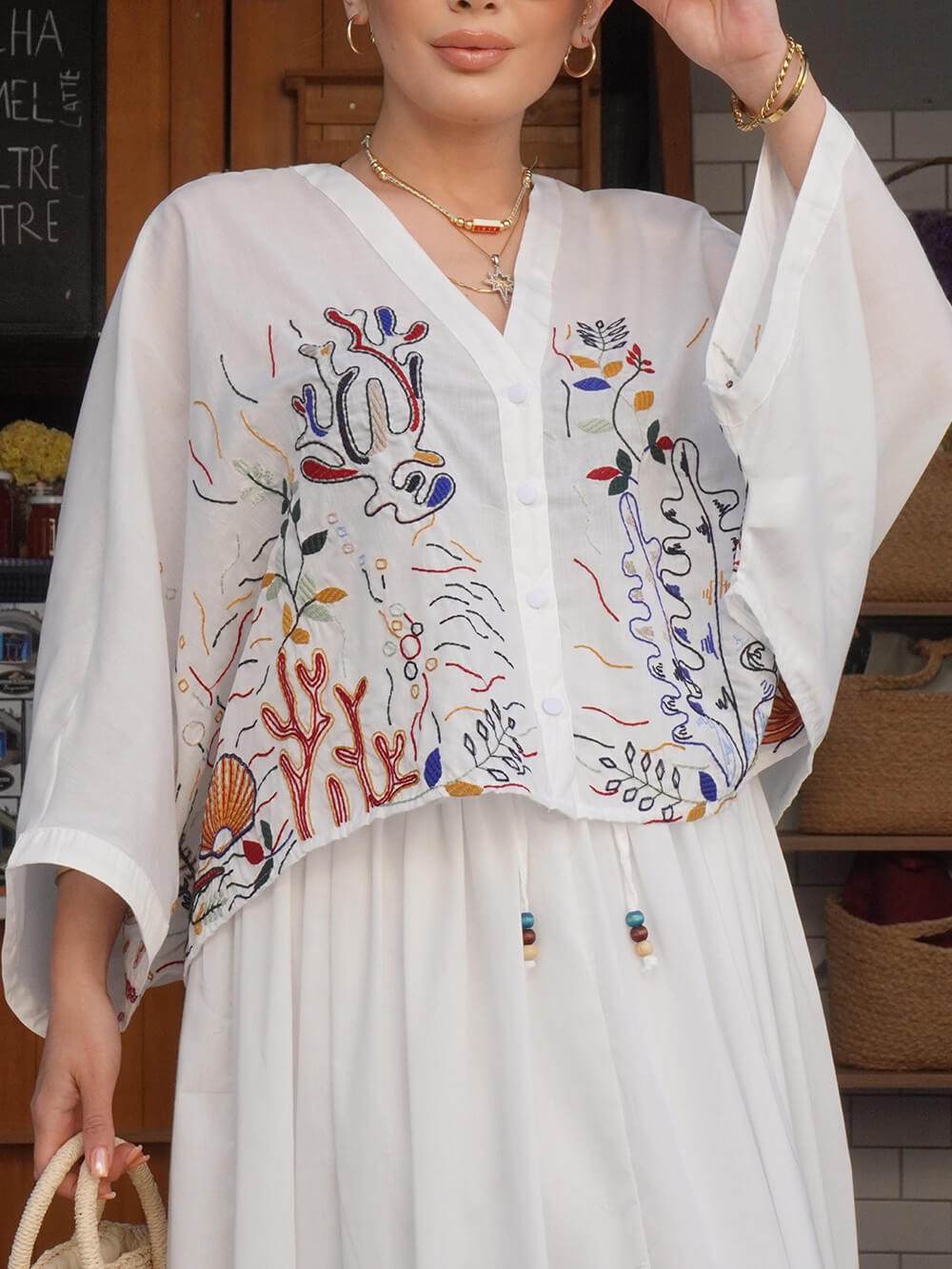 Elegant Embroidered Print Lined Button-Up Shirt White