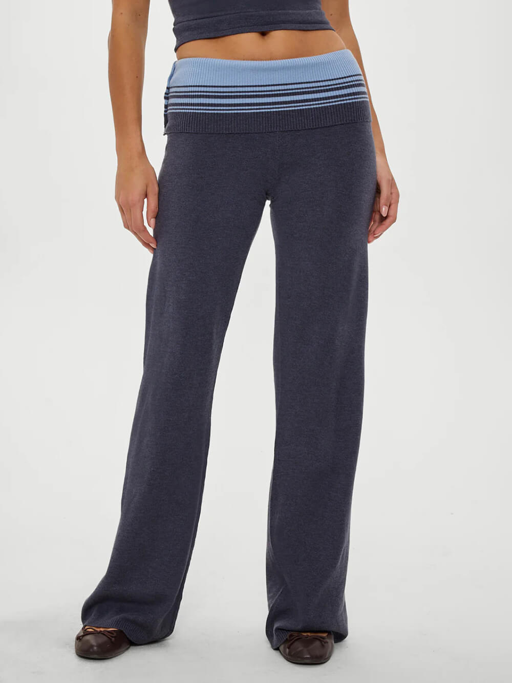 Retro Striped Button-Detail Low-Rise Knit Pants Blue