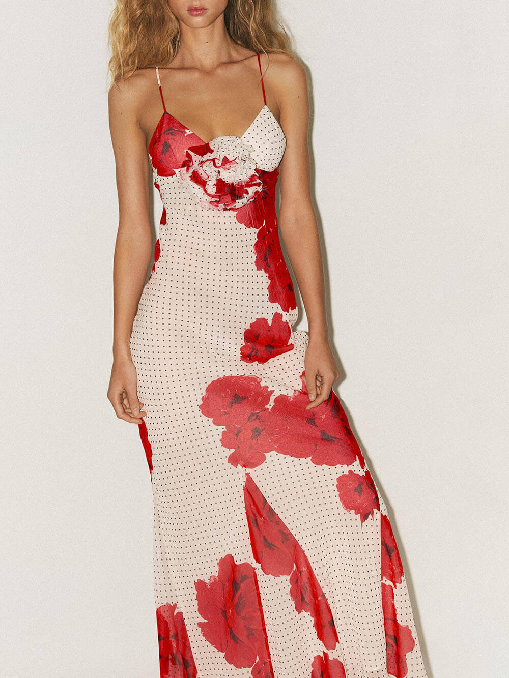 Elegant Poka Dot Floral Print Flower Detail Slip Maxi Dress