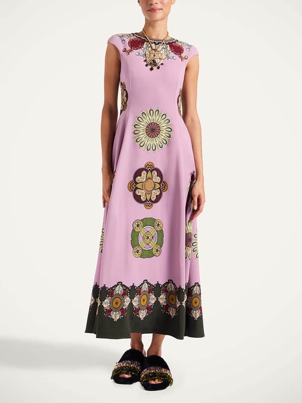 Elegant Printed Round Neck Park Avenue Waist-Defining Maxi Dress Purple