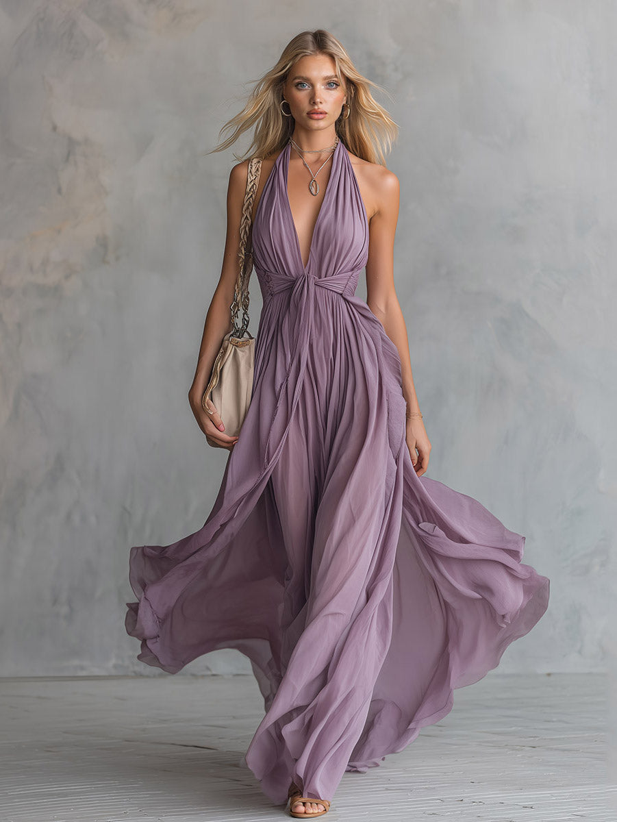 Elegant Ruched Halter Neck Flowing Maxi Dress Purple