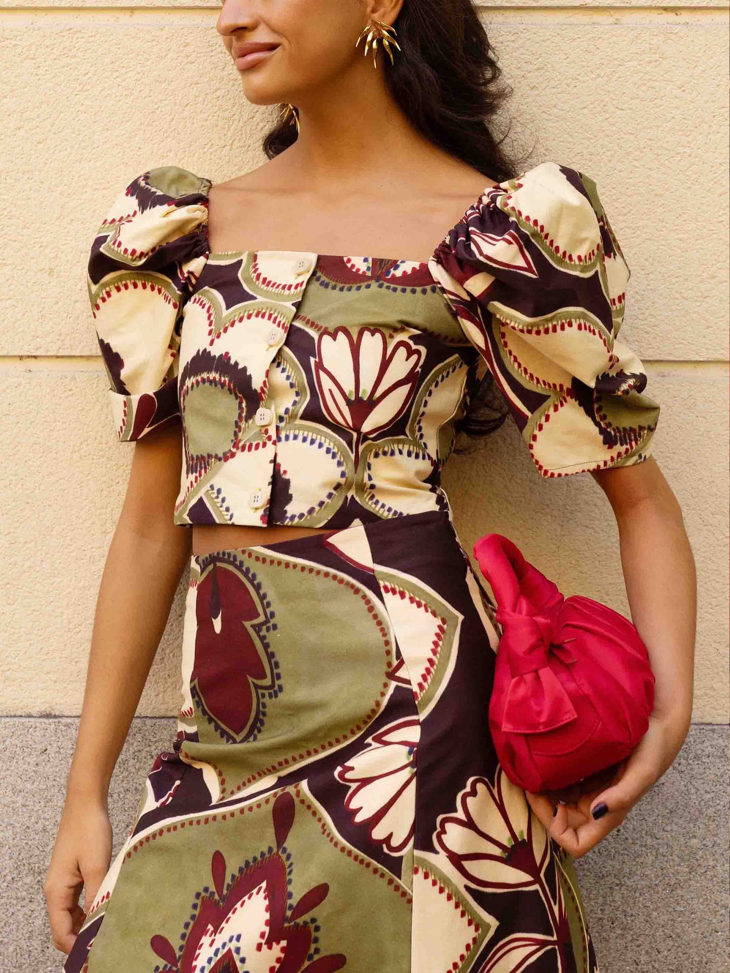 Elegant Retro Floral Puff Sleeve Skirt Two-Piece Set Green Top