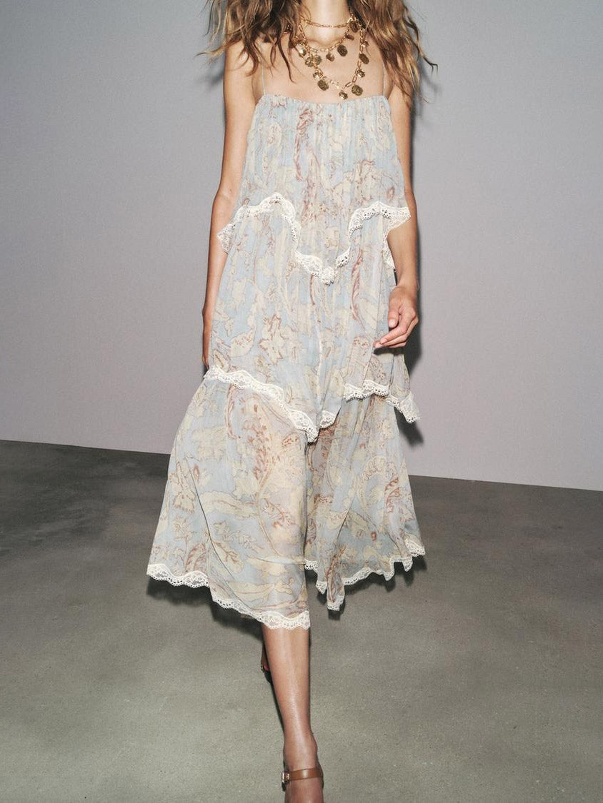 Retro Floral-Print Tiered Lace-Paneled Chiffon Maxi Dress Blue