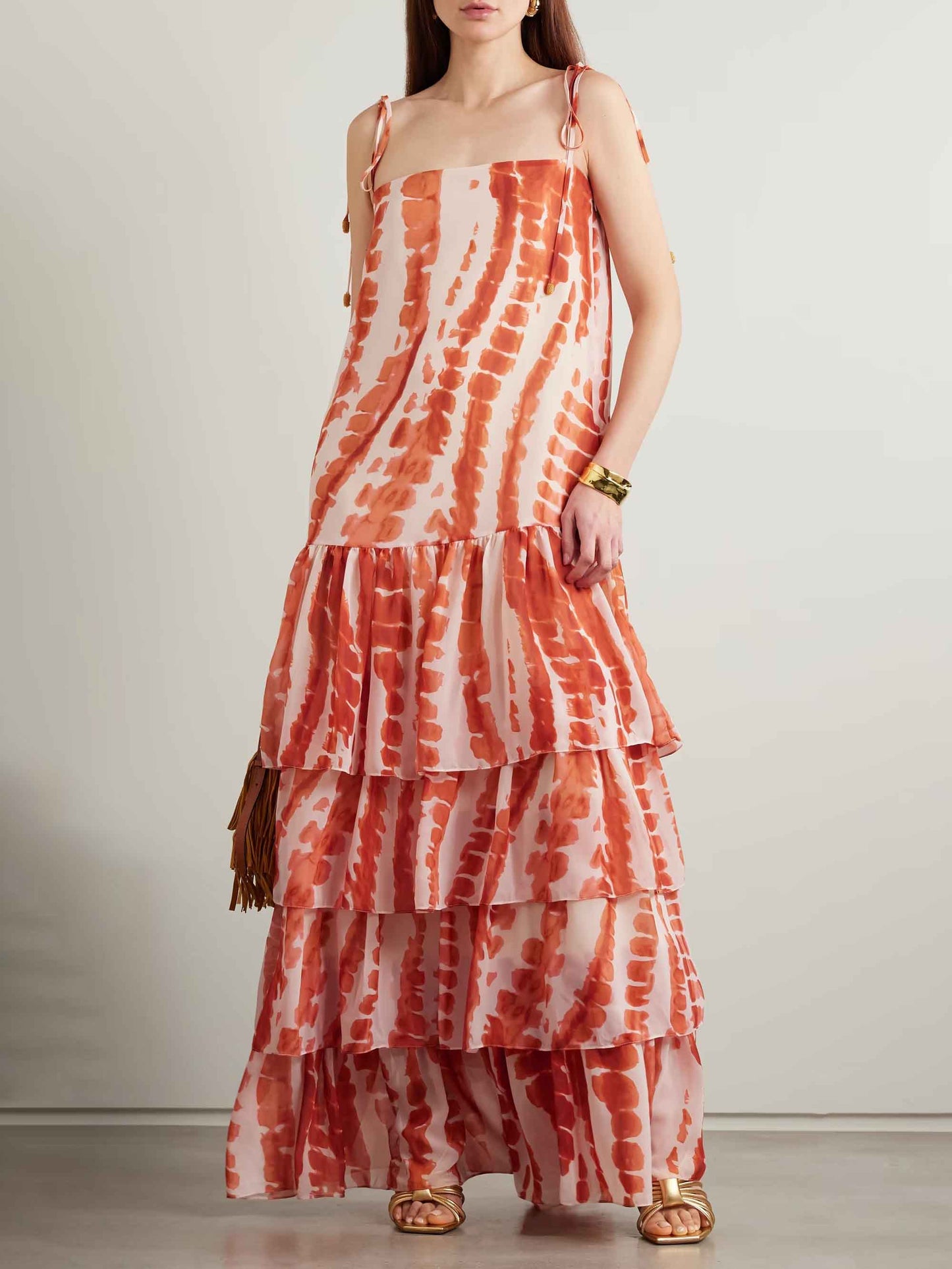 Exquisite Tie-dye Floral Print Lace-up Split Maxi Dress Orange