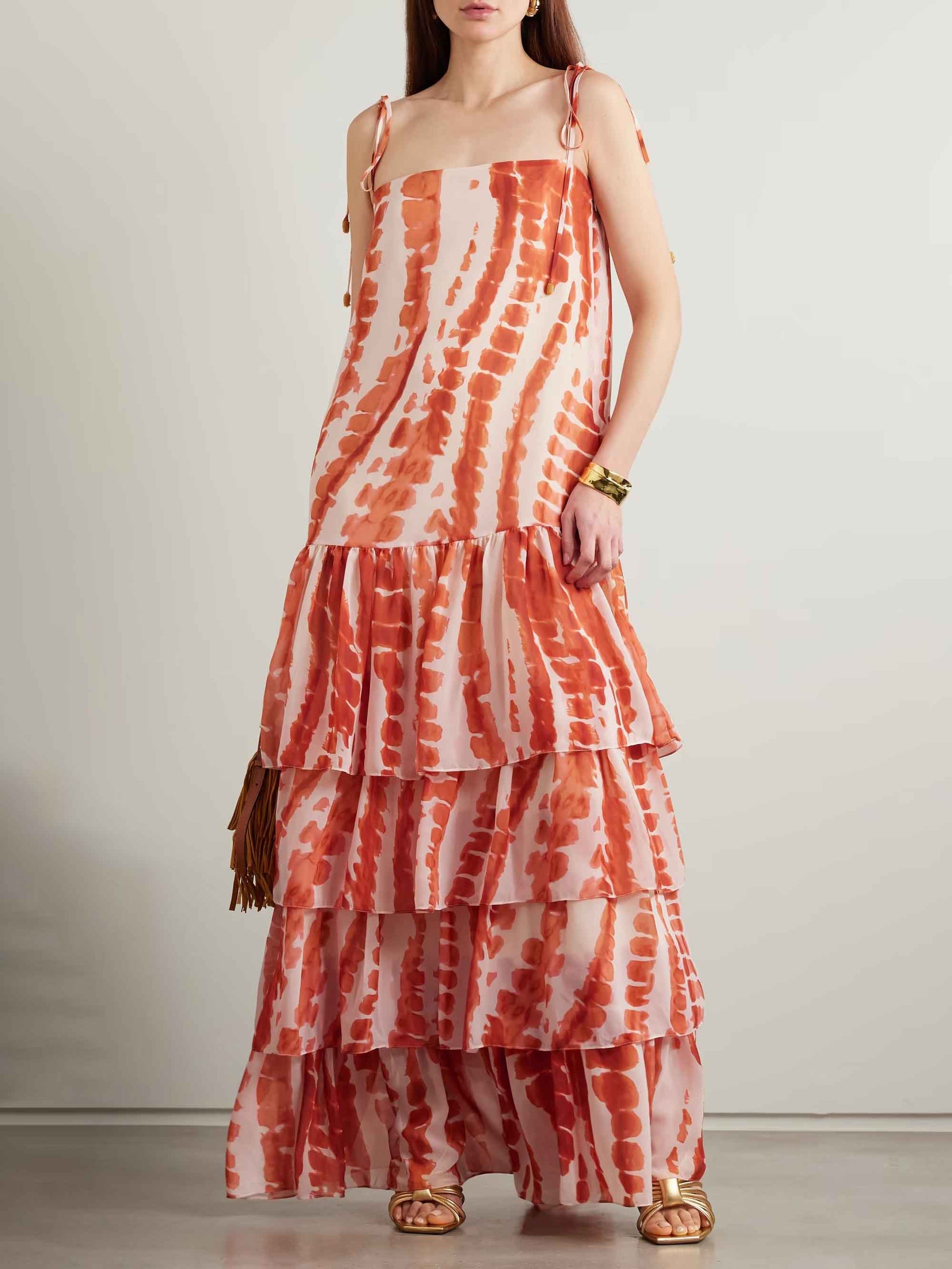Exquisite Tie-dye Floral Print Lace-up Split Maxi Dress Orange