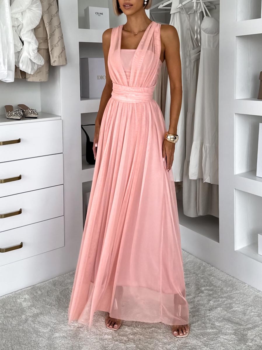 Elegant Sleeveless Mesh Ruched Convertible Maxi Dress Pink