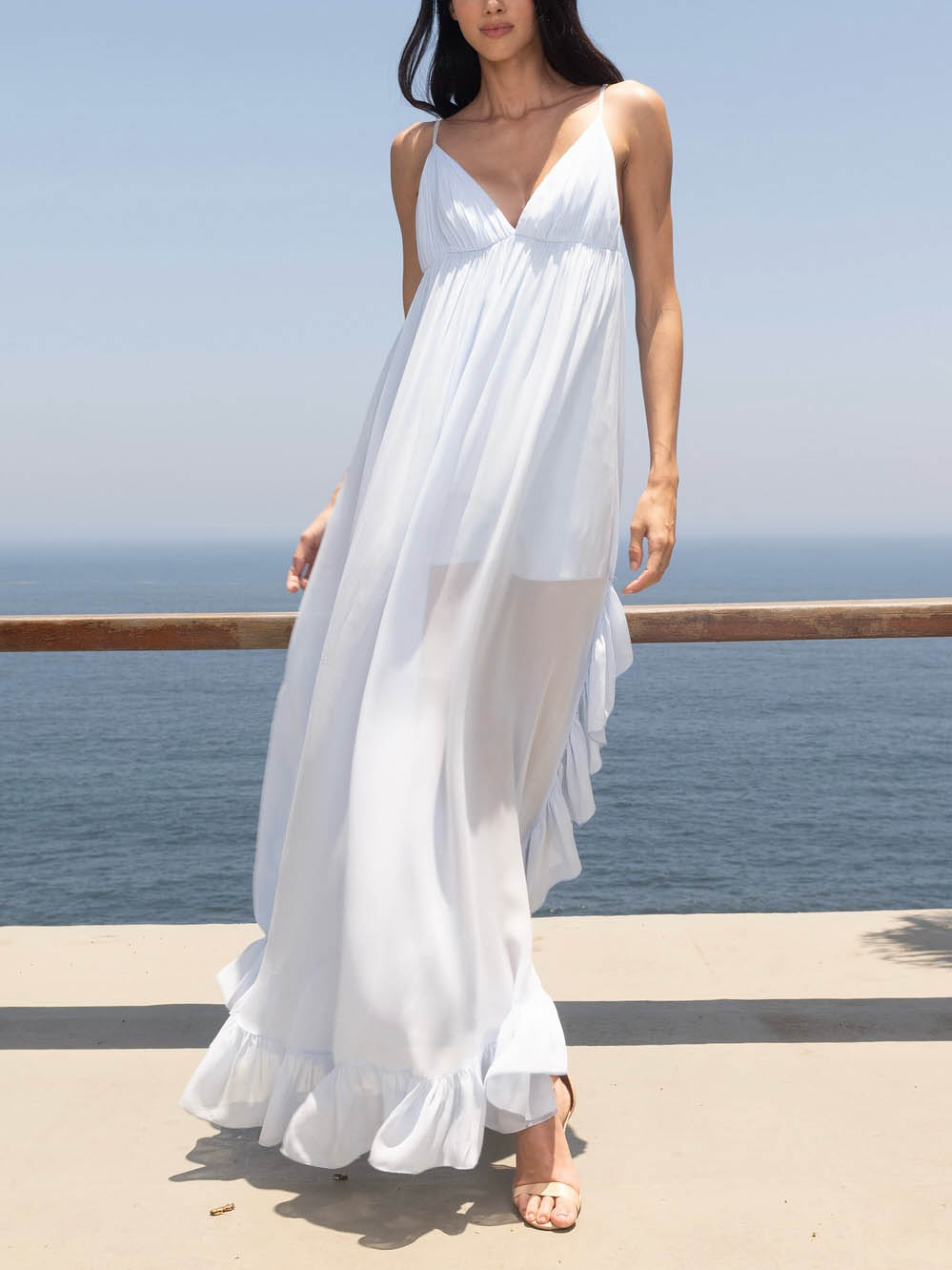 Elegant V-neck Side Slit Ruffled Chiffon Flowy Maxi Dress Blue