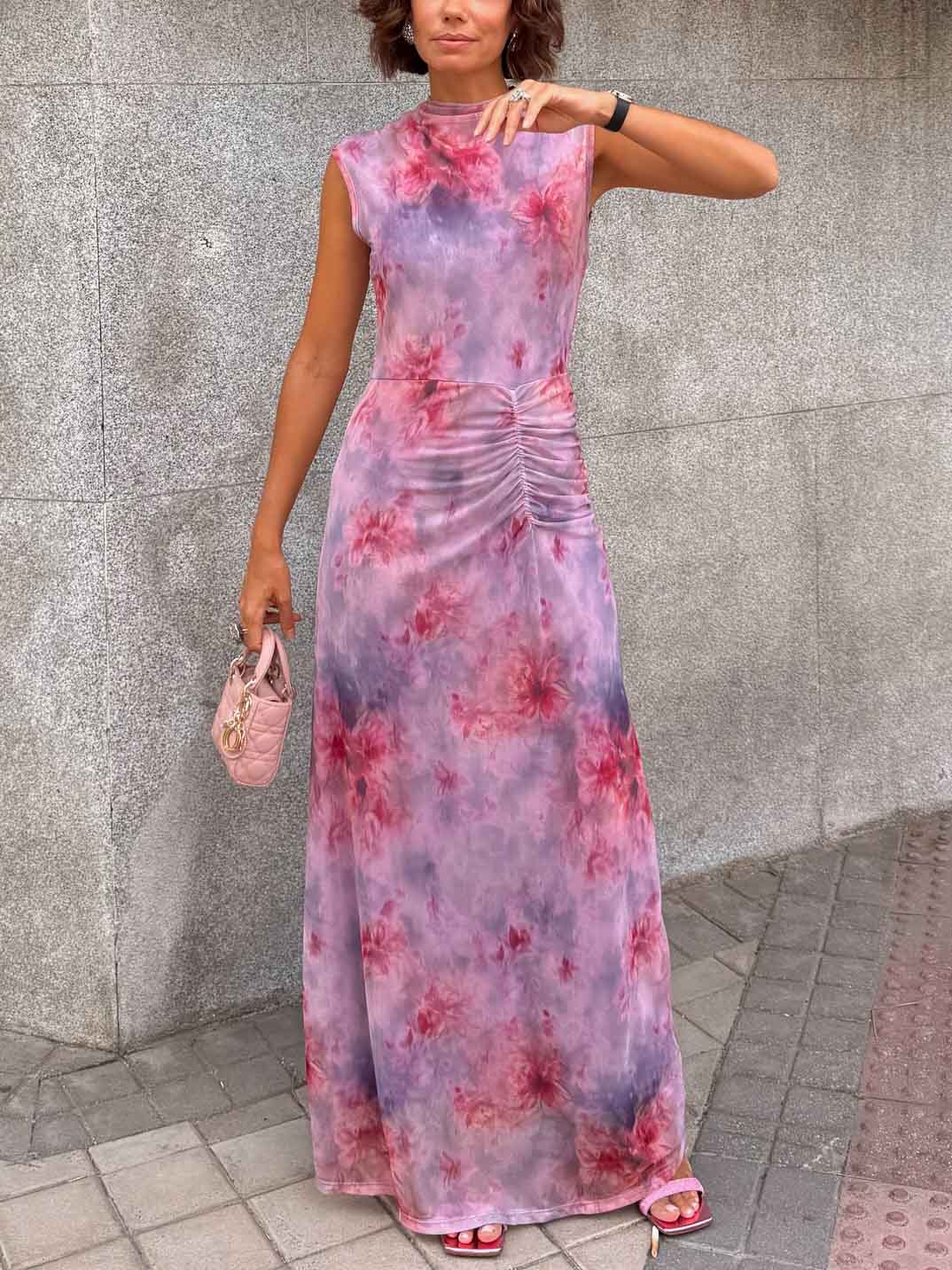 Retro Gradient Floral Mesh Print Slim Maxi Dress Purple