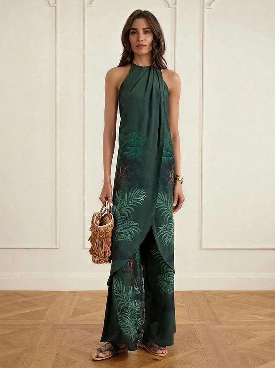 Tropical Palm Print Wide-Leg Pants Set Dark Green