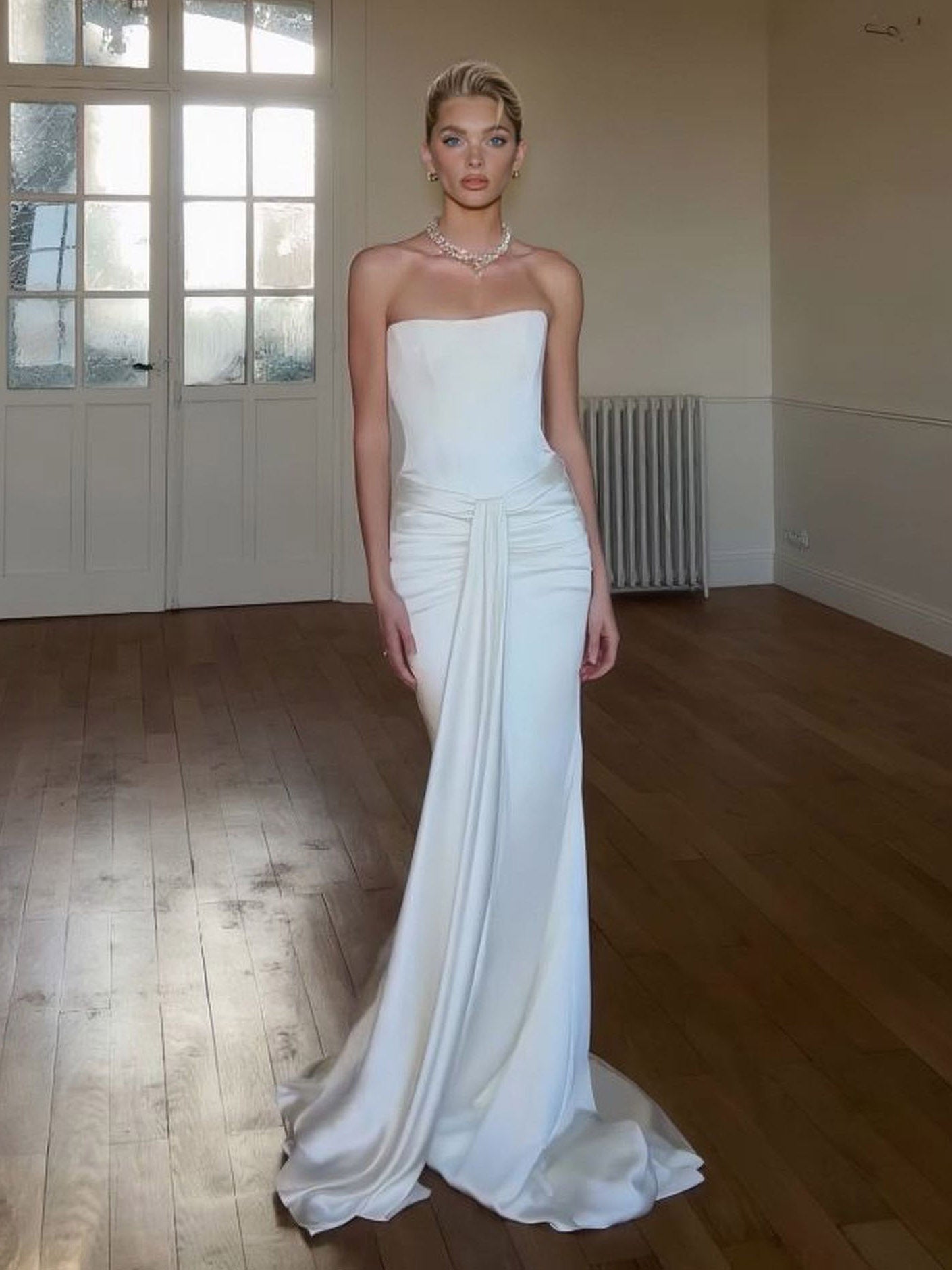 Elegant Strapless Ruched Drape Maxi Dress White