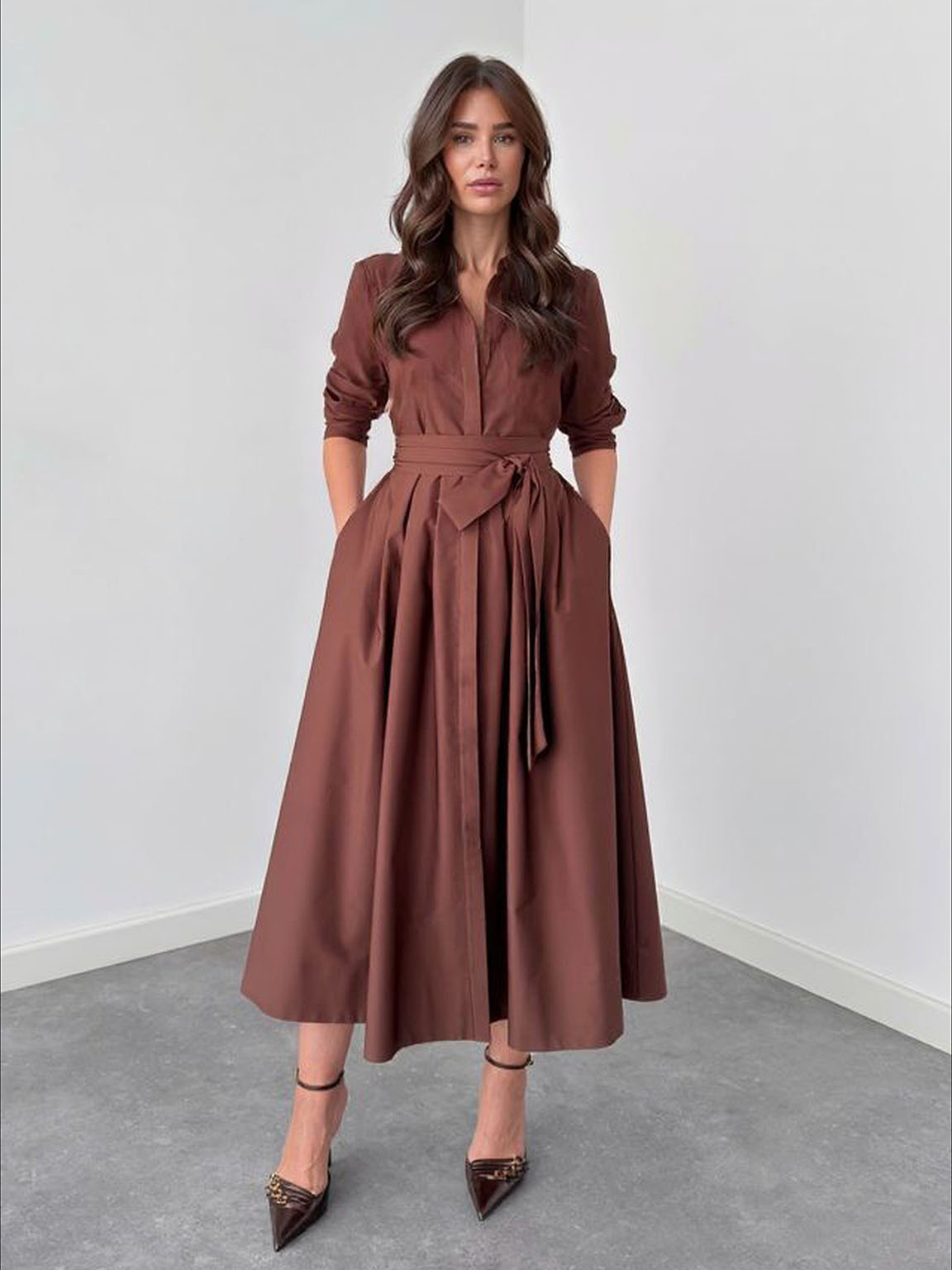 Elegant Long-Sleeve Tie-Waist Shirt Midi Dress Brown