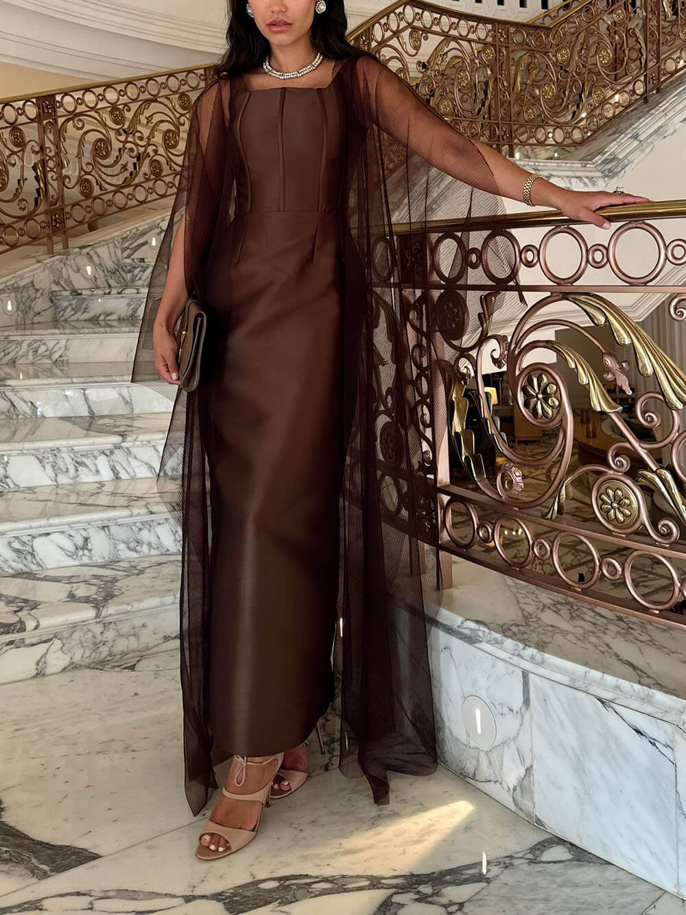 Elegant Cinched Waist Layered Mesh Party Dress Brown