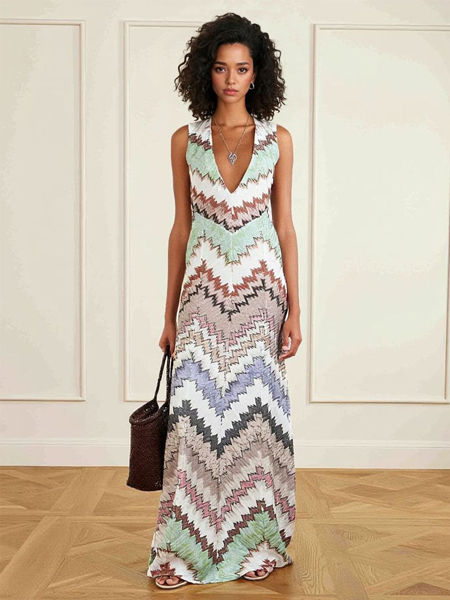 Geometric Zigzag Print V-neck Maxi Dress Multi