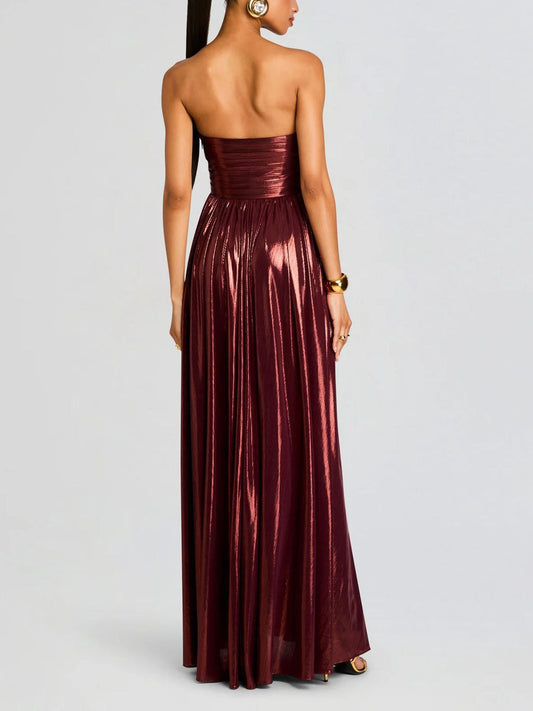 Elegant Strapless Metallic Pleated Floor-length Maxi Dress