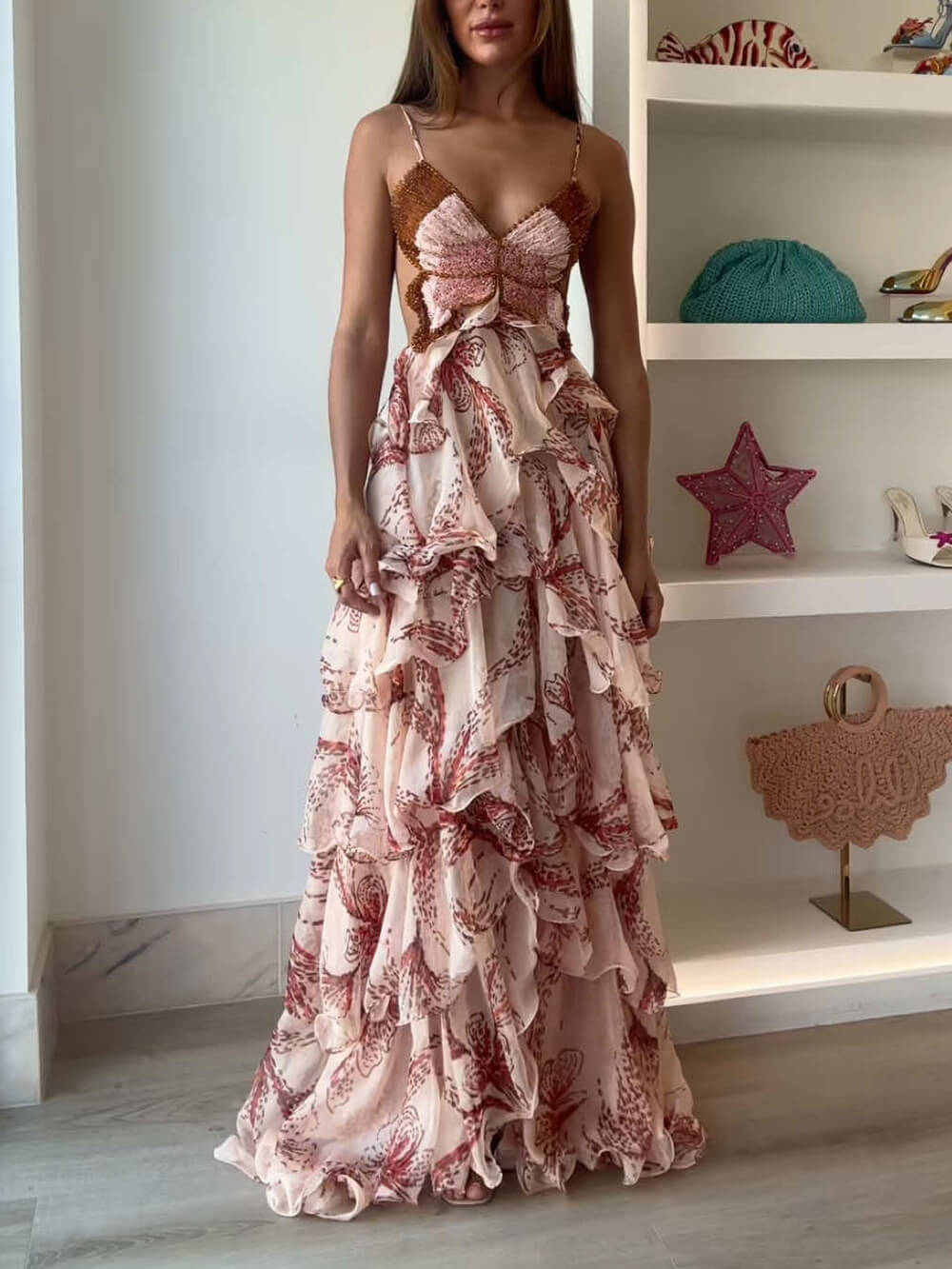Tiered Sunset Butterfly Print Halter Back Maxi Dress Beige