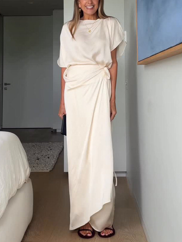 Elegant Satin Draped Wrap Maxi Dress Cream