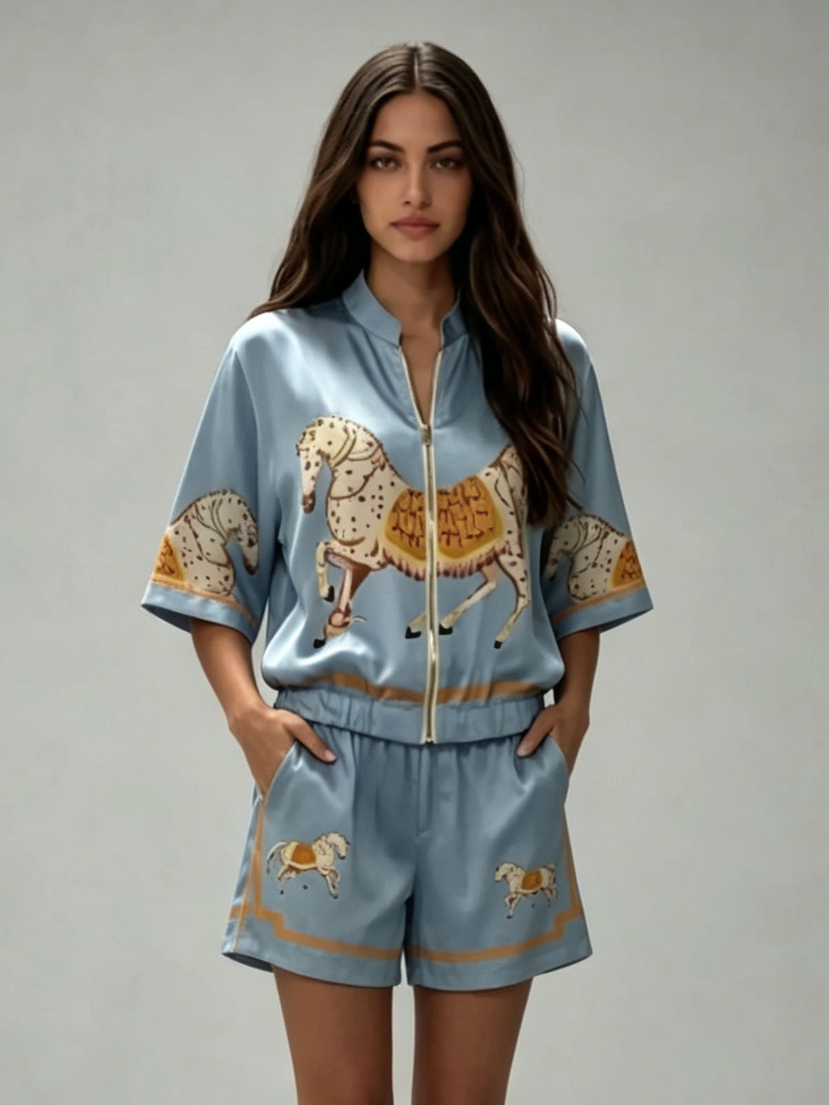 Exquisite Satin Horse Print Zip-Up Shirt & Shorts Set Blue Set
