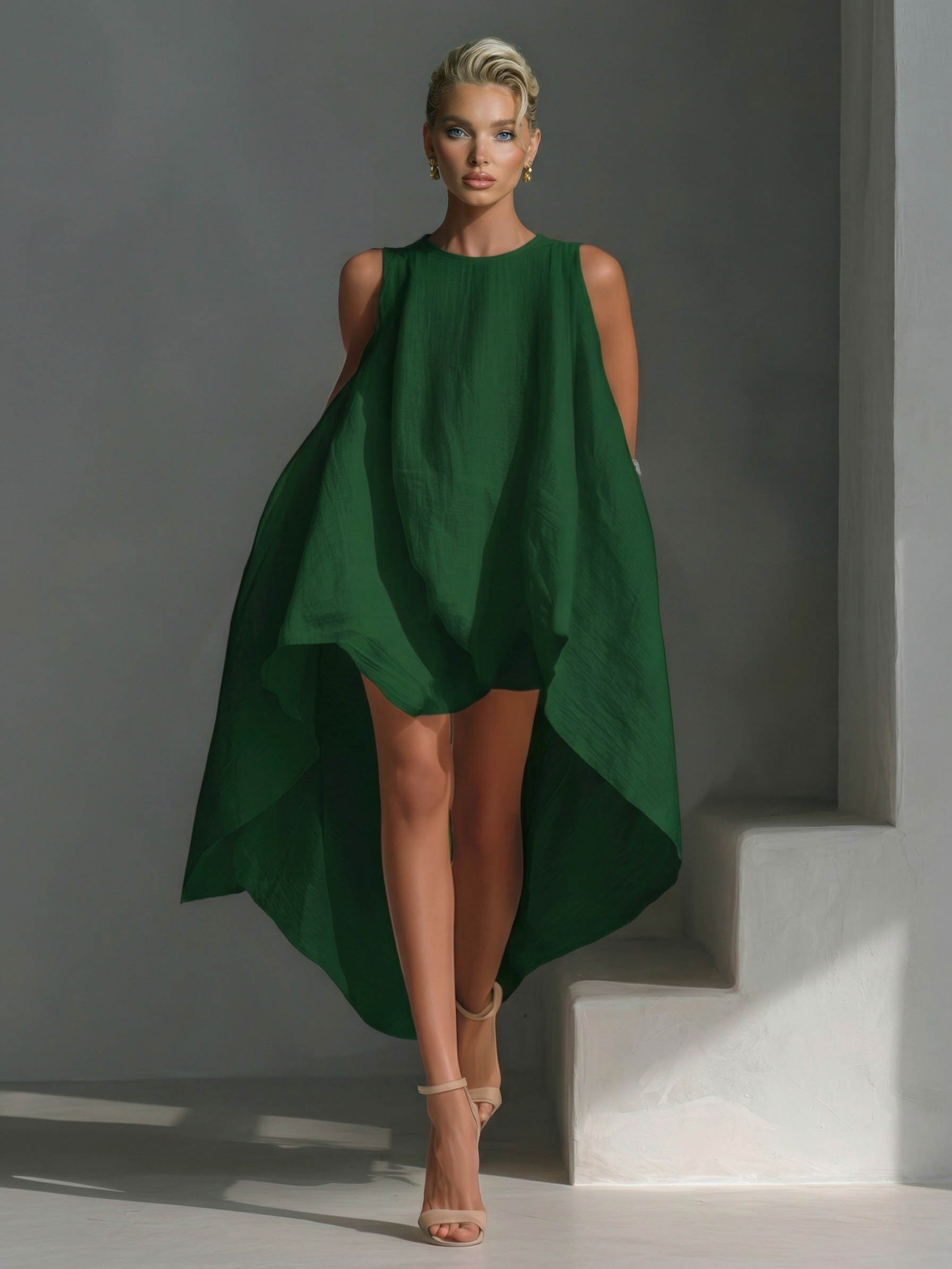 Casual Sleeveless Asymmetrical Hem Midi Dress Green