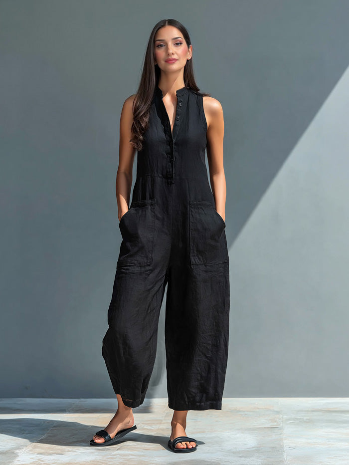 Casual Button-Front Sleeveless Loose Jumpsuit Black
