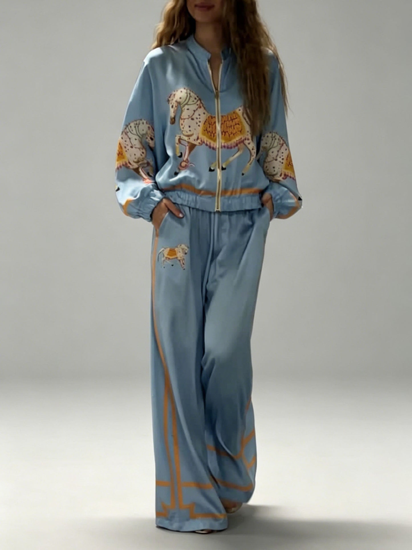 Exquisite Satin Horse Print Zip Jacket & Wide-Leg Pants Two-Piece Set Blue Set