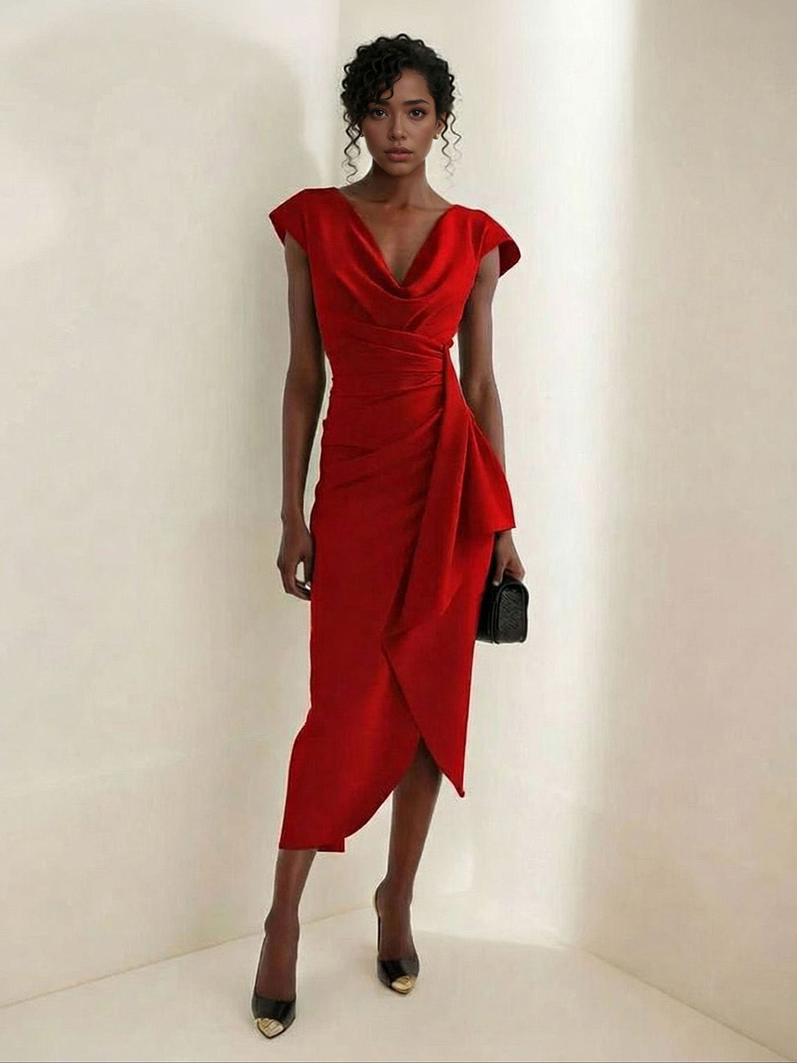 Elegant Draped Neckline Fitted Midi Dress Red