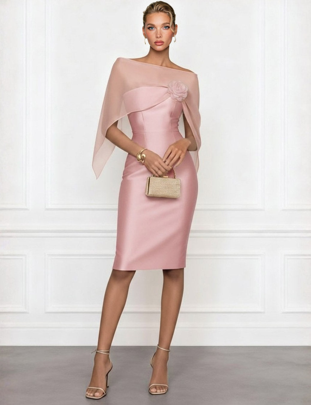 Asymmetrical One-Shoulder Sheer Shawl Satin Midi Dress