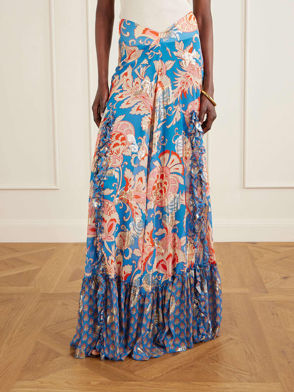 Retro Floral Print Ruffle Slit Maxi Skirt Blue