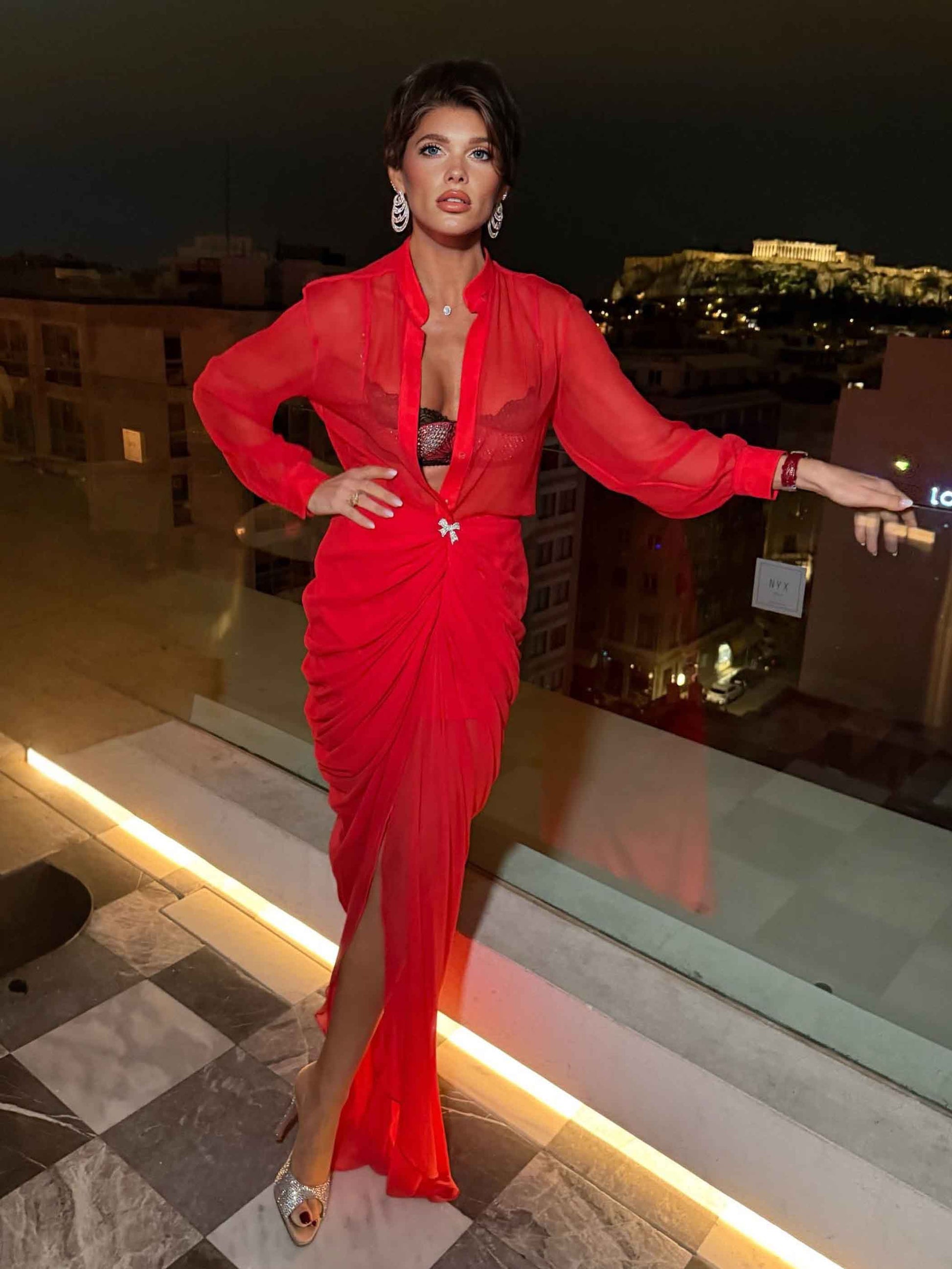 Sexy Deep V See-through Pleated Maxi Dress Red
