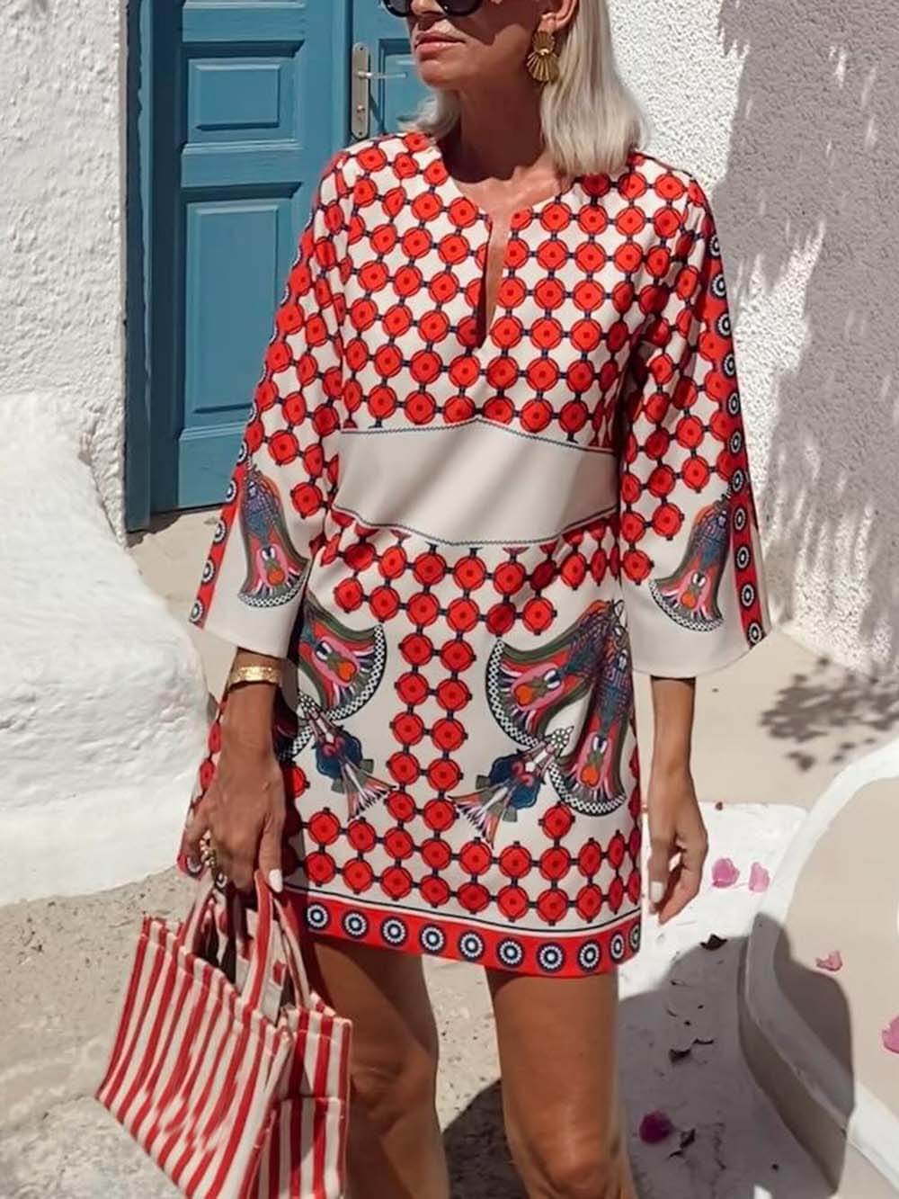 Vintage Print Flared Cuffs Mini Dress Red