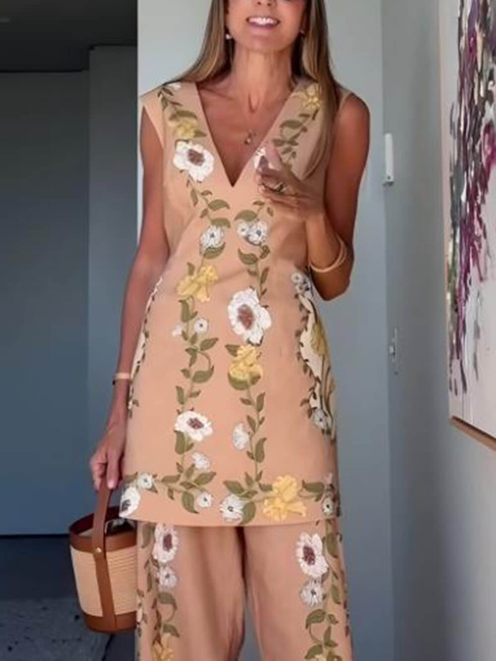Chic Perfect Style Linen Blend Floral Midi Sleeveless Top Pink