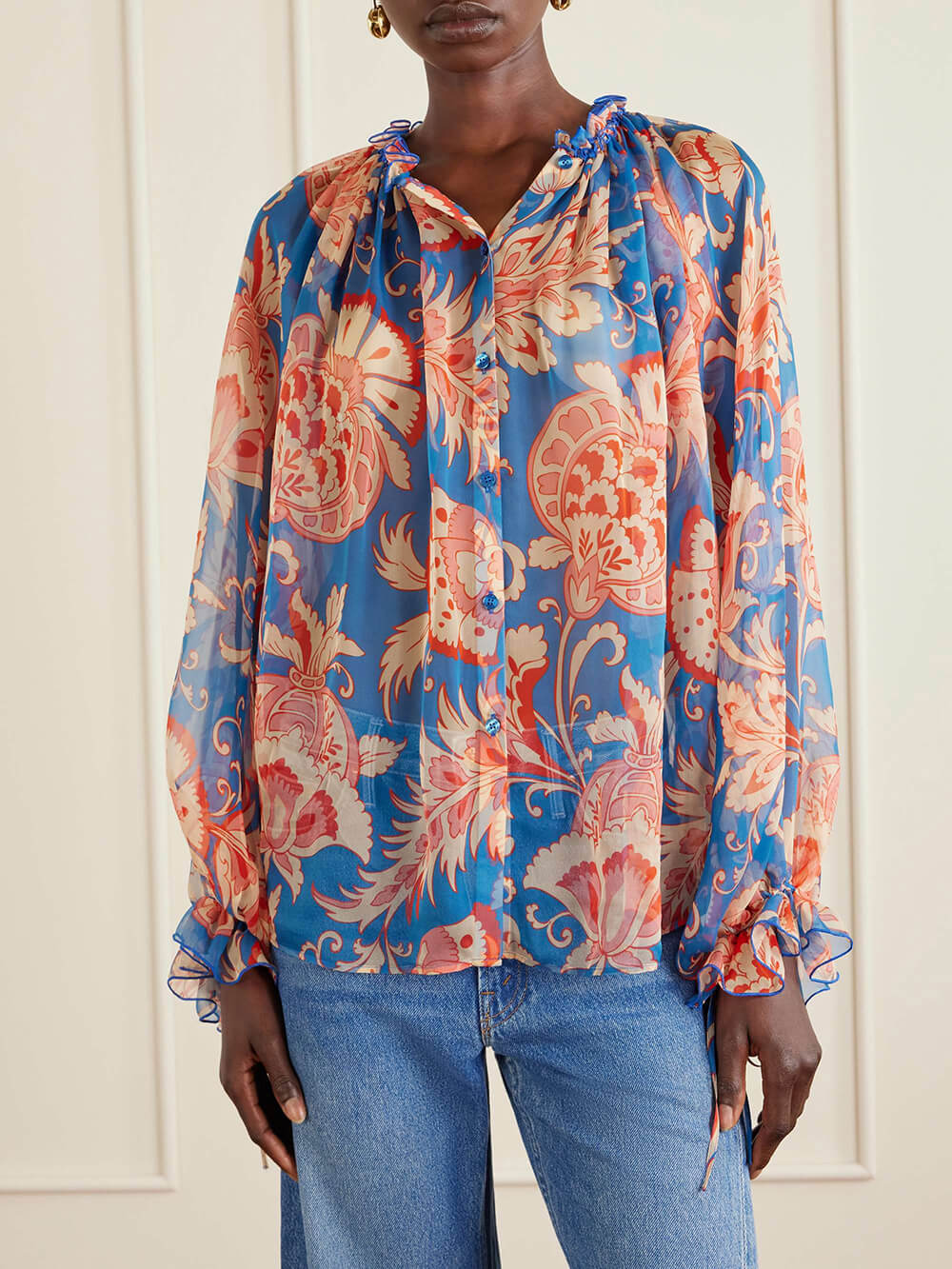 Modern Printed Chiffon Ruffle Blouse Blue