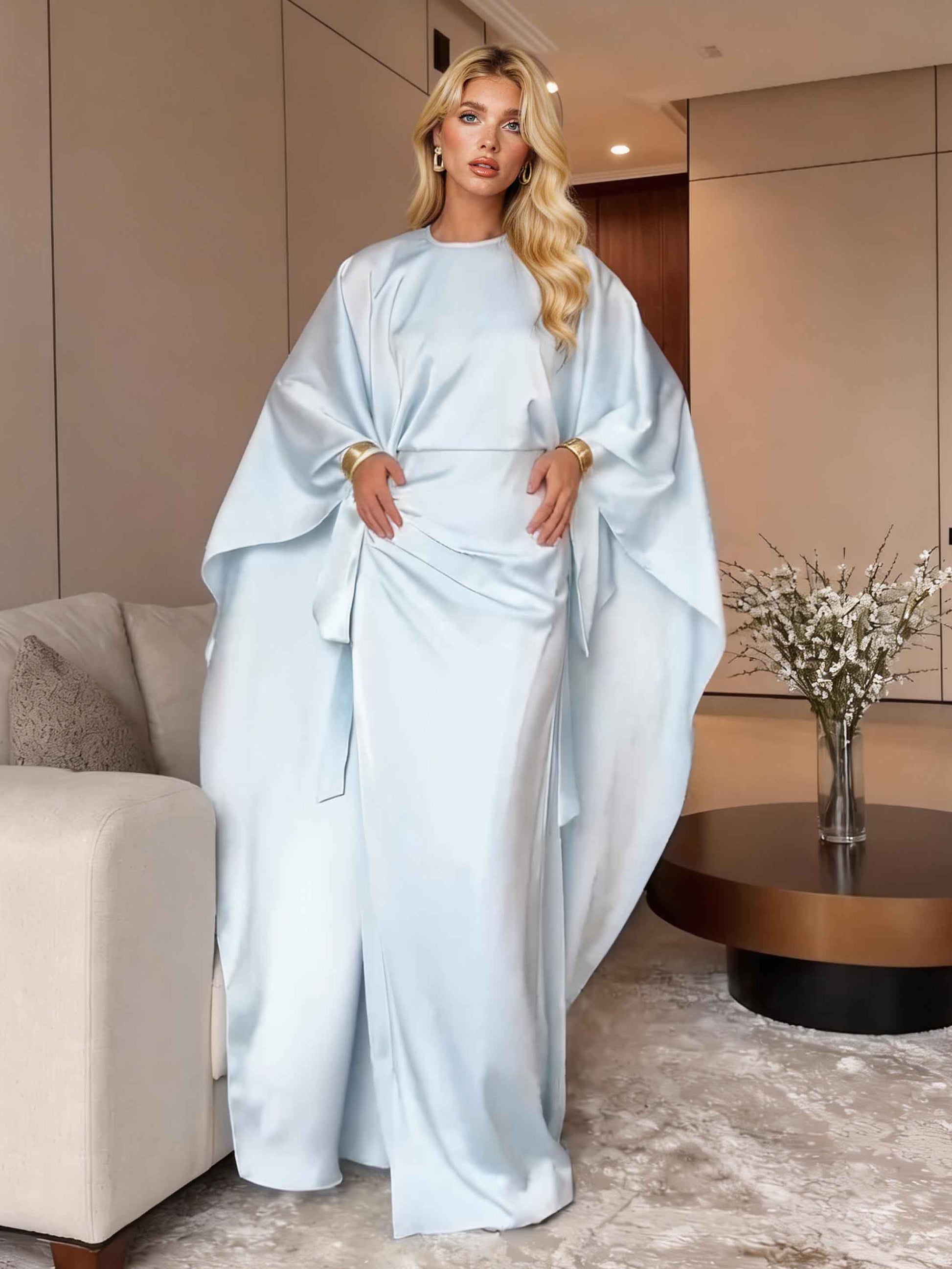 Elegant Satin Pleated Batwing Sleeve Maxi Dress Blue