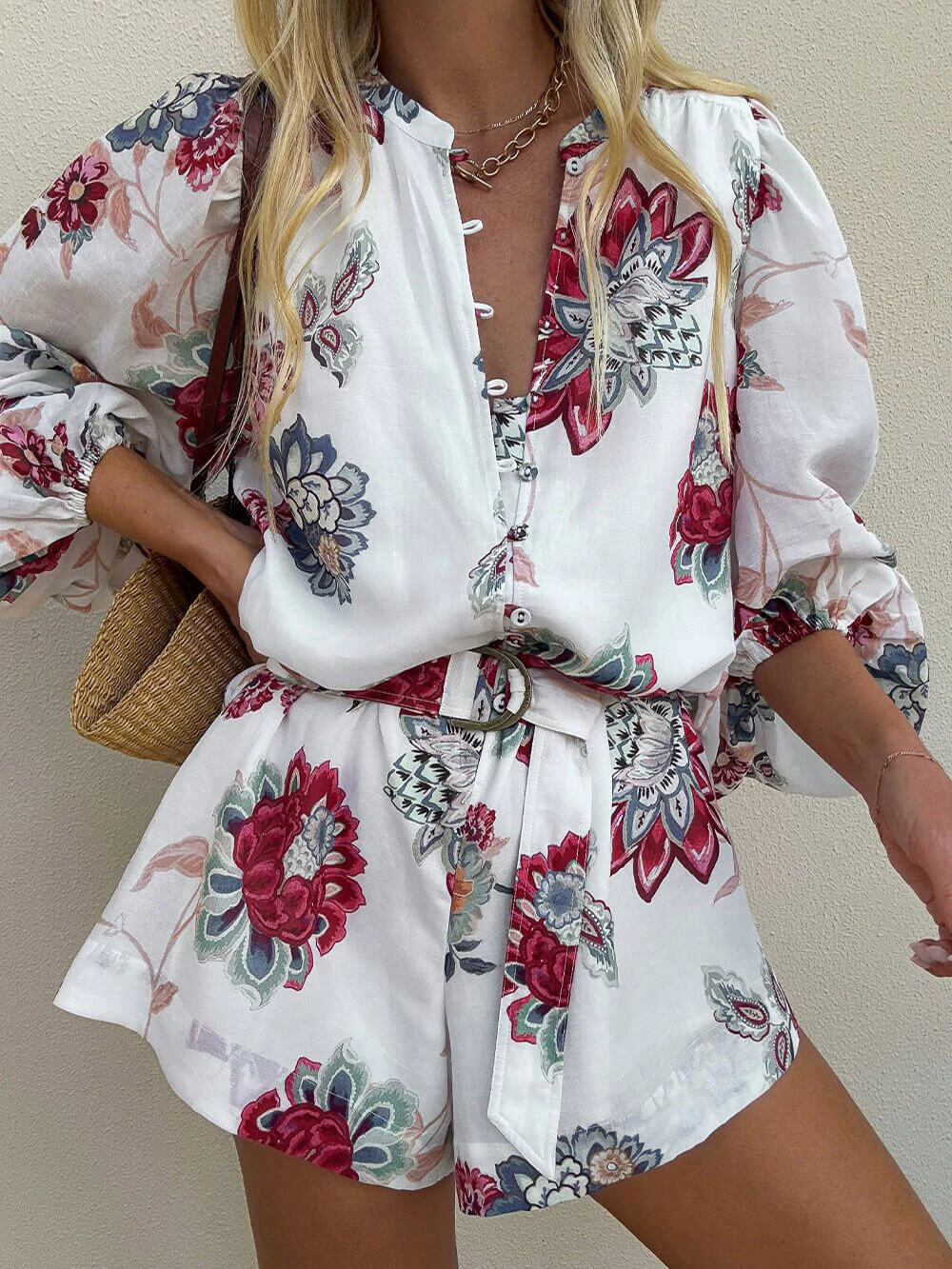 Elegant Floral Print Lace-Up Linen Jumpsuit White