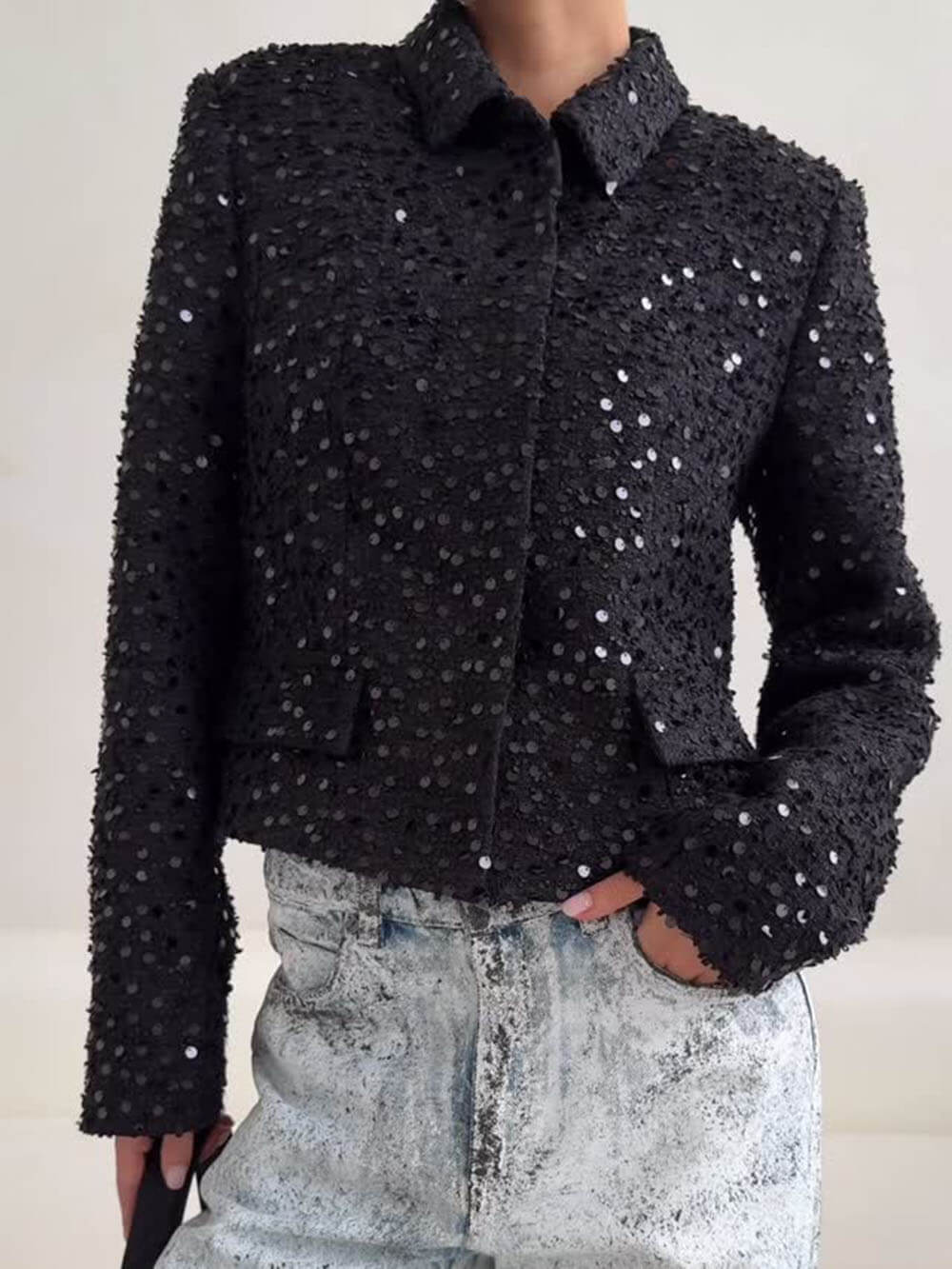 Retro Sequin Circle Cropped Jacket Black